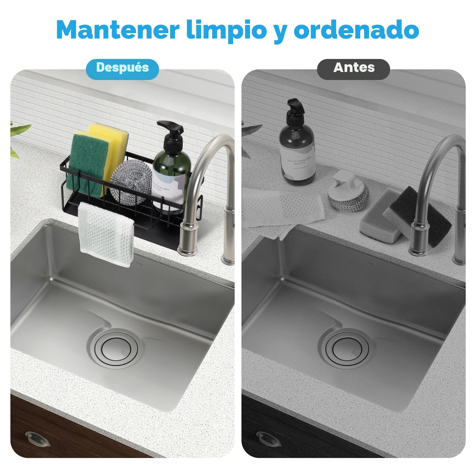 Caja de almacenamiento para fregadero de cocina, organizador para fregadero, estante de almacenamiento multifuncional, color negro, adecuado para almacenamiento de cocina y baño