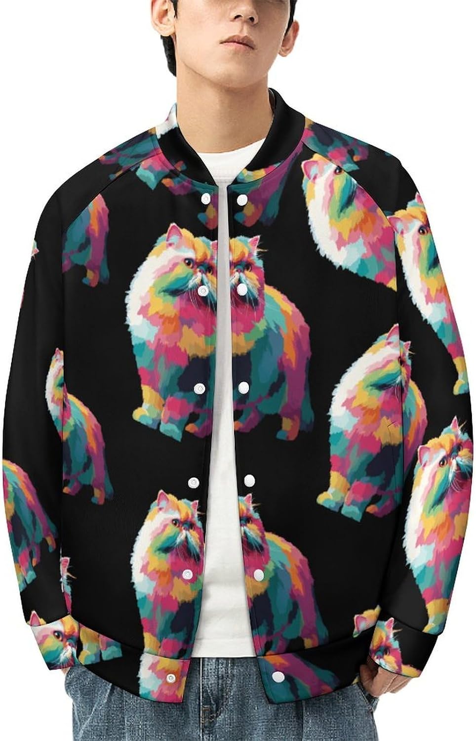 Colorful Pop Art Persian Cat Men's Baseball Bomber Lightweight Jacket Casual Coats Streetwear