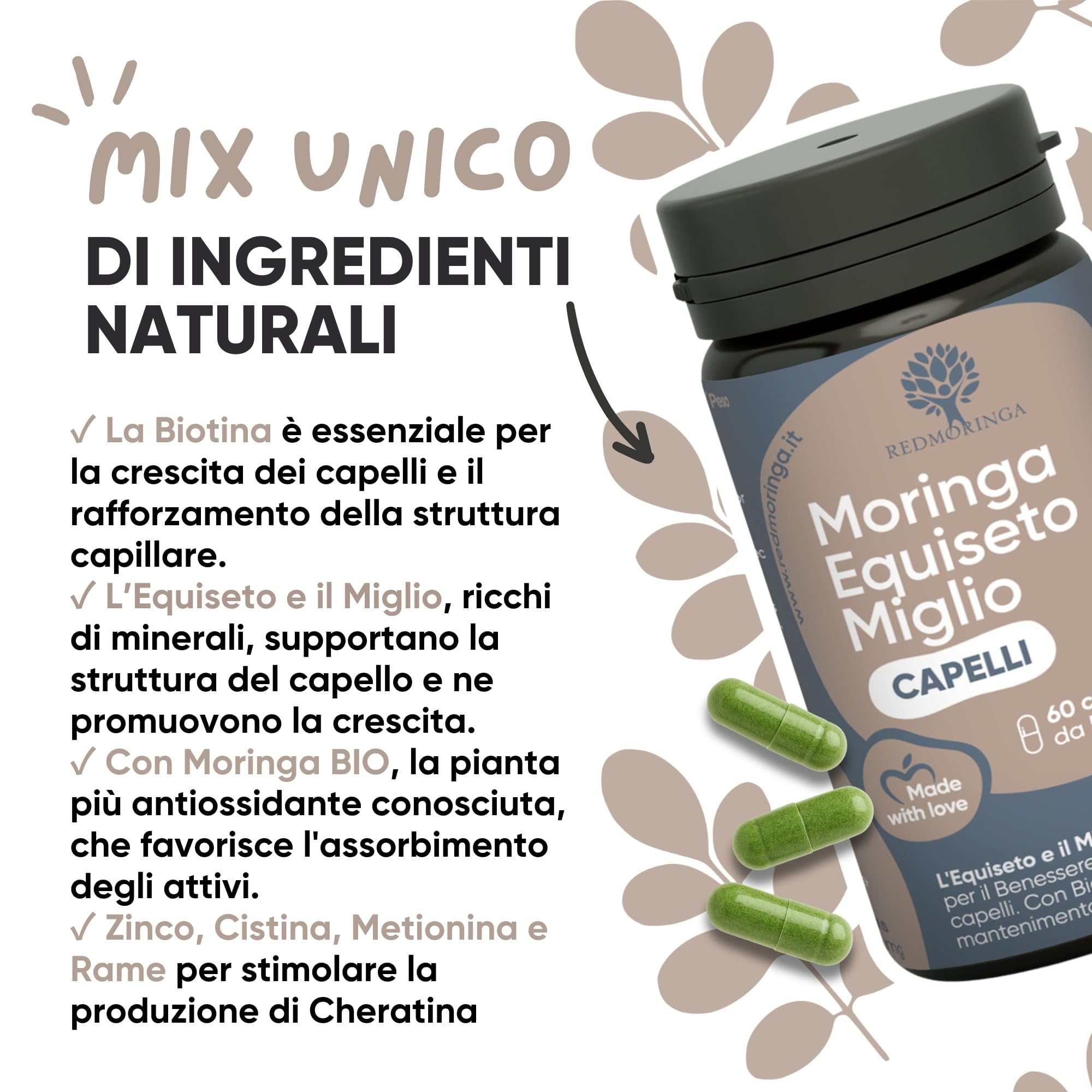 Integratore Biotina Capelli con Moringa, Equiseto, Miglio, Zinco, Cistina, Metionina | Hair Vitamins MIX UNICO | Integratore Anticaduta Capelli Donna e Uomo | 60 Capsule Made in Italy | RedMoringa