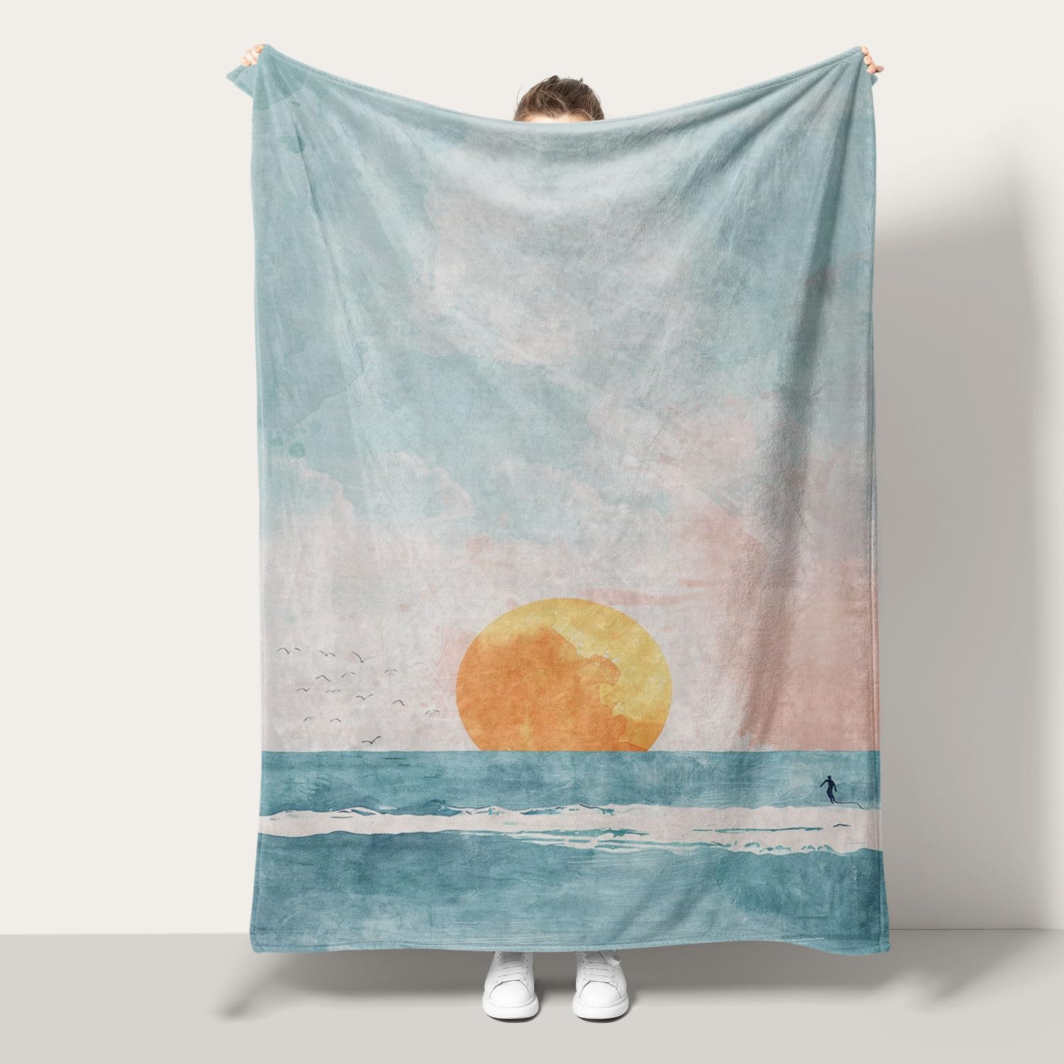 Couverture plaid flanelle douce au motif soleil peinture d'art, jeté de lit chic