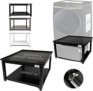 Washer and Dryer Pedestals - Ergonomic 27" Platform - 16" Height with Easy Setup - Supports Up to 800 lbs - Alloy Steel with Leak Protection - Includes Drain Pan & Hose - Black Finish
