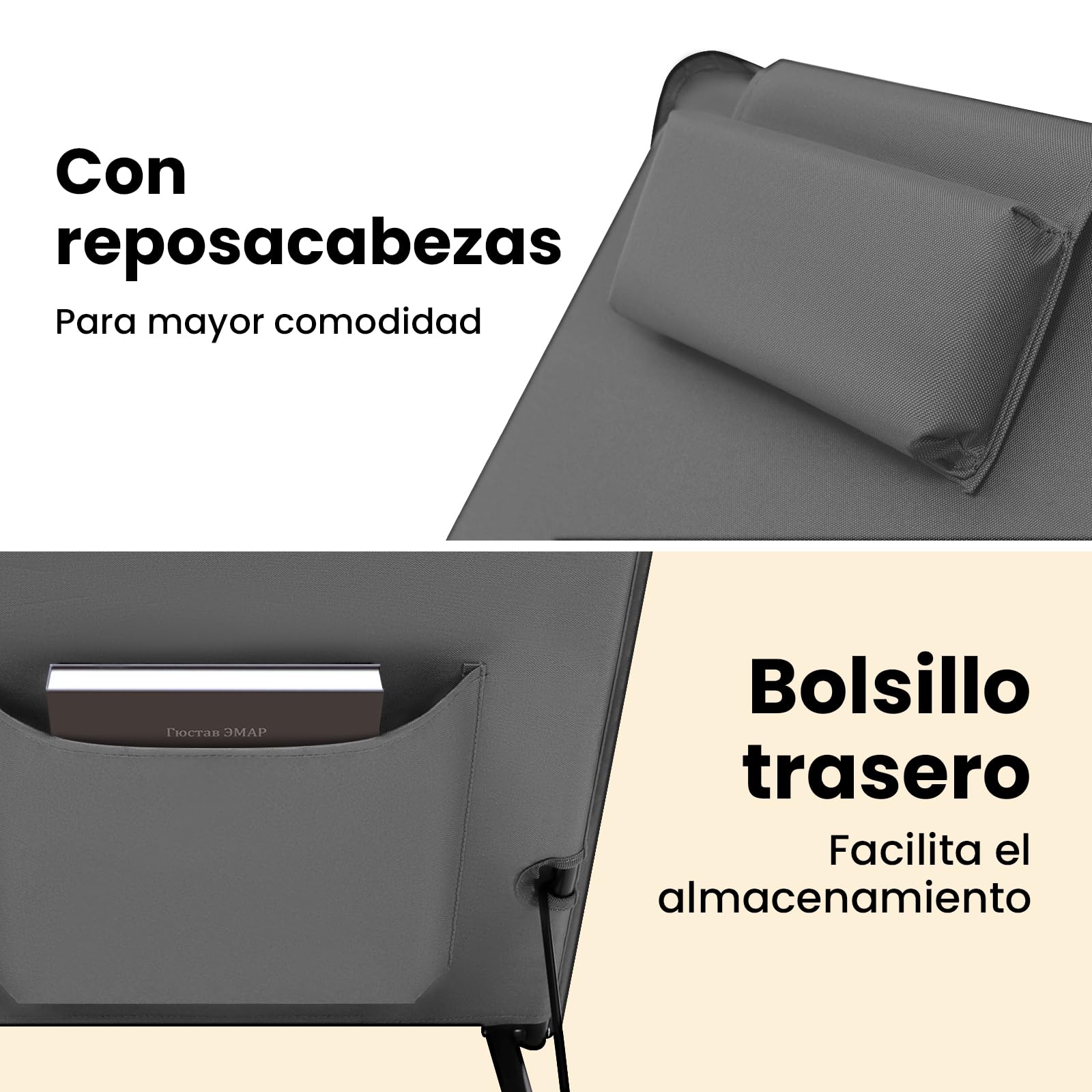WOLTU Juego de 2 Tumbonas de Playa Plegable, Tumbonas on Respaldo Inclinable en 3 Niveles, con Reposacabezas y Bolsa de Almacenamiento, 48x132x54 cm, Gris Oscuro