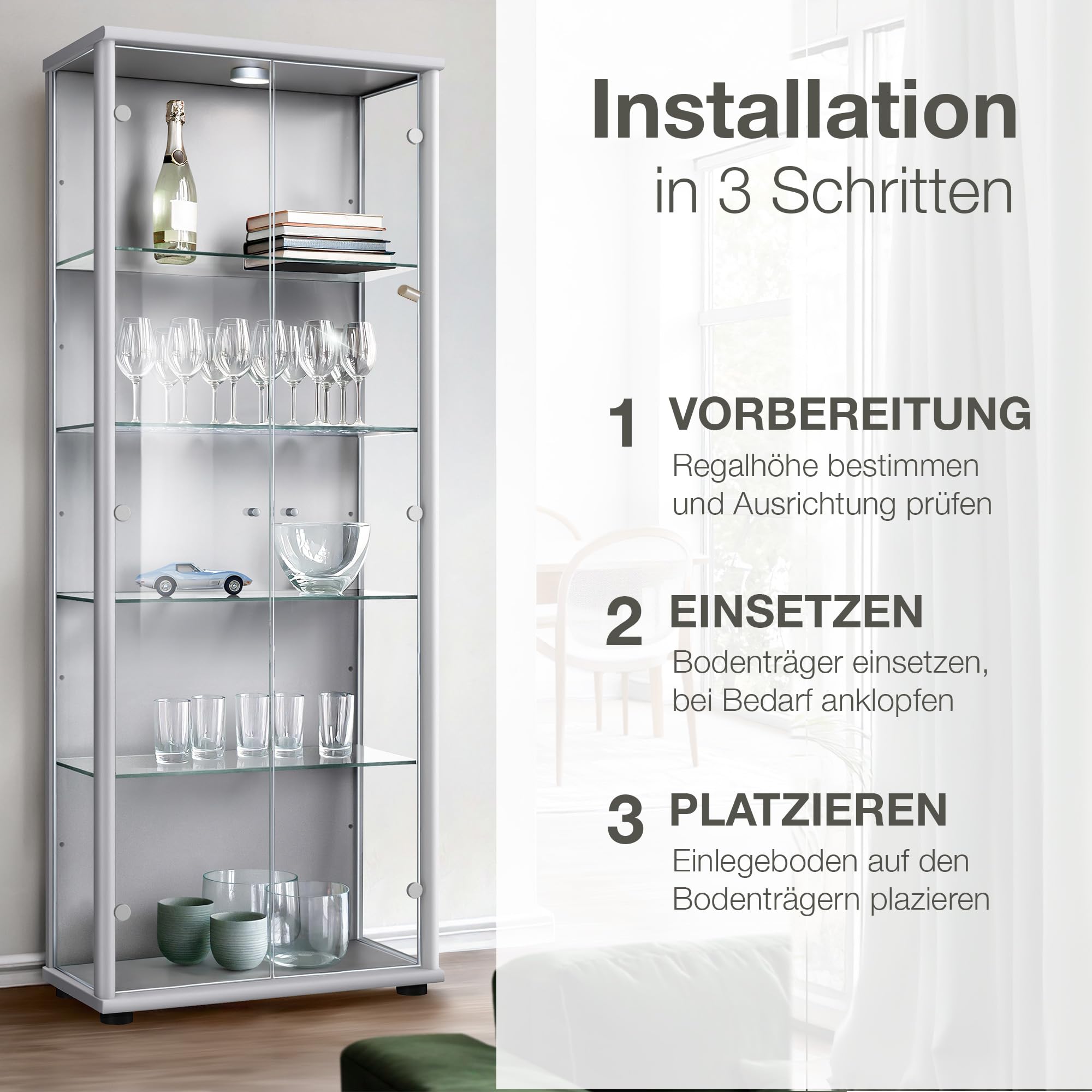 4er Set Glaseinlegeboden 625x236x4mm in Transparent inkl Bodenträger 5mm und Abdeckkappen - Made in Germany - Einlegeboden für 2 türige Standvitrinen - Regalboden Erweiterung aus ESG