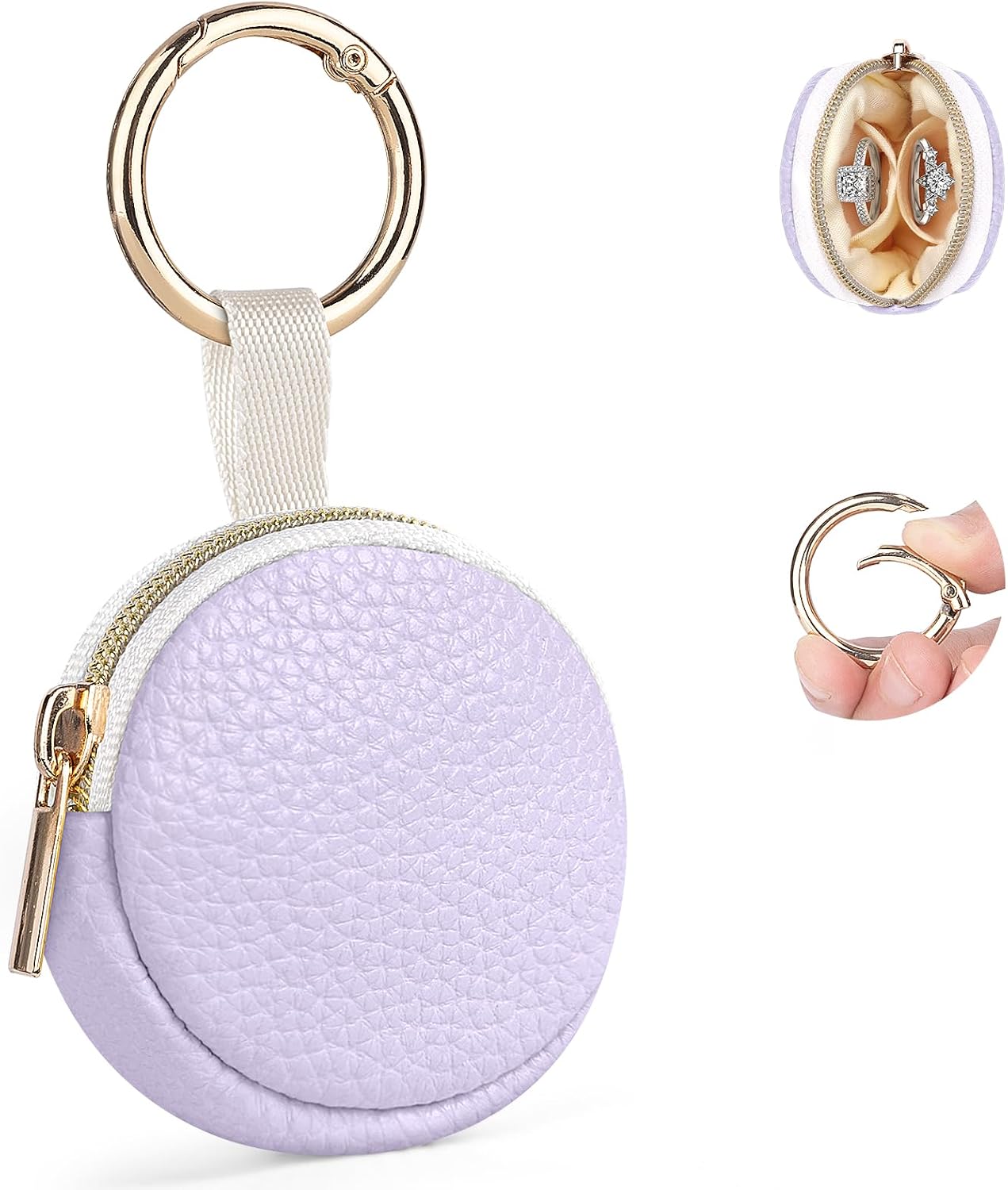 PU Ring Holder Keychain, Jewelry Holder Storage with Ring Buckle & 2 Inner Pockets, Portable Mini Travel Jewelry Keeper Case for Earrings, Rings, Necklaces (Purple)
