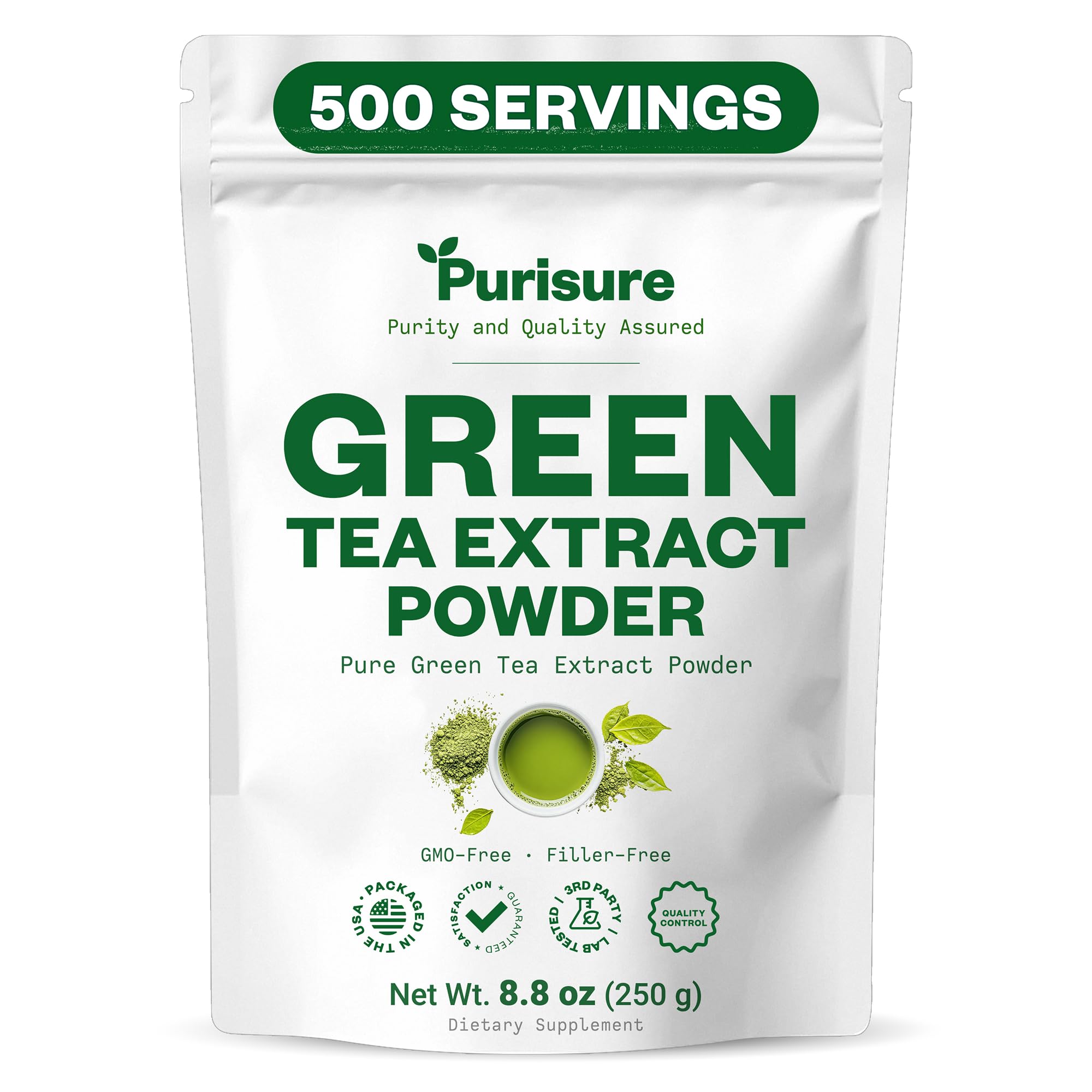 Purisure Green Tea Extract Powdered Tea from Premium Green Leaf Unsweetened Vegan Tea for Latte & Smoothie Recipe All-Natural Antioxidant Green Tea Powder with EGCG & Polyphenols 500 Servings