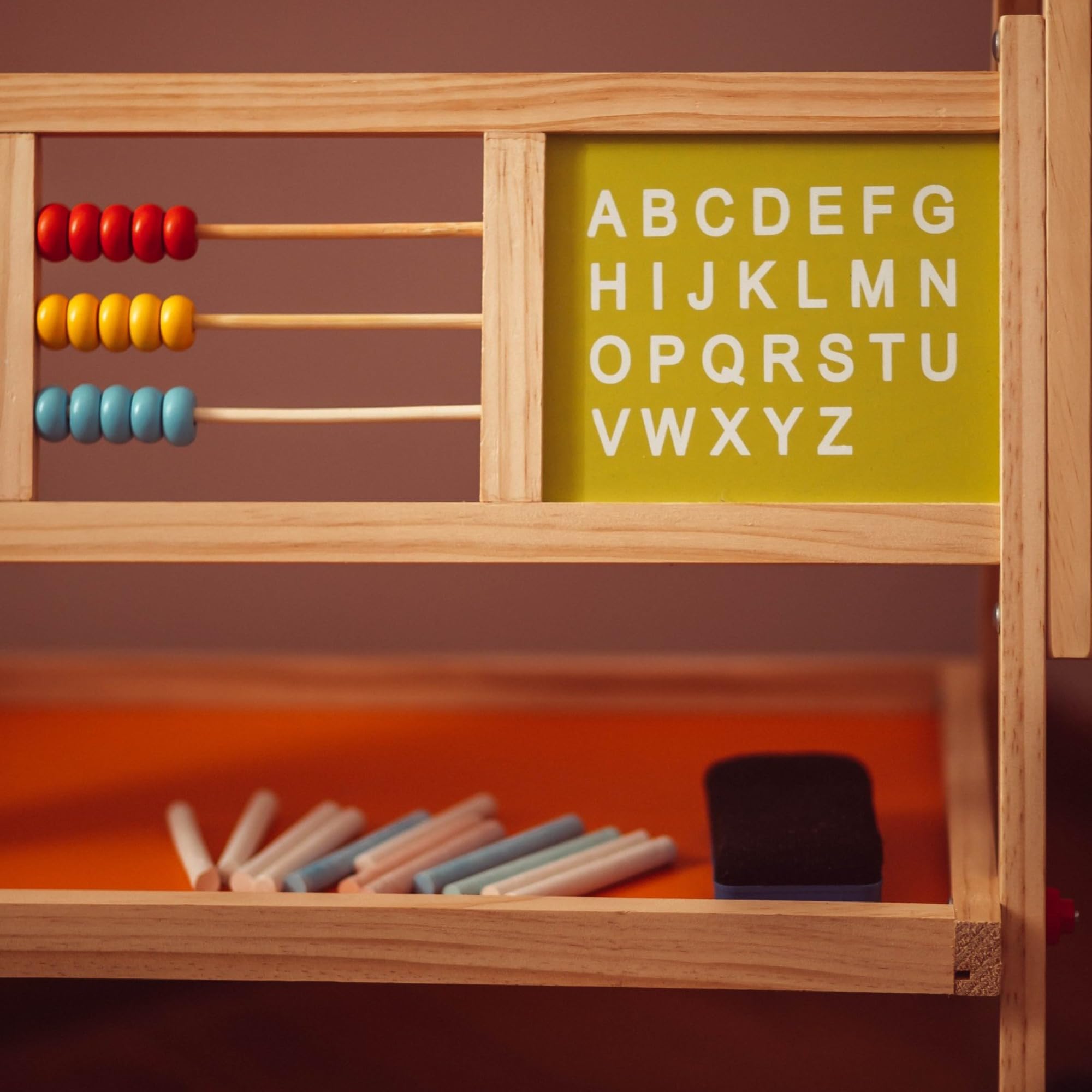 Mamabrum Pizarra Infantil Magnética 2 Caras con Estante - Pizarra Blanca y de Tiza con Accesorios, Ábaco y Reloj - Magnetica Infantil de Madera 98 x 45cm para Aprendizaje