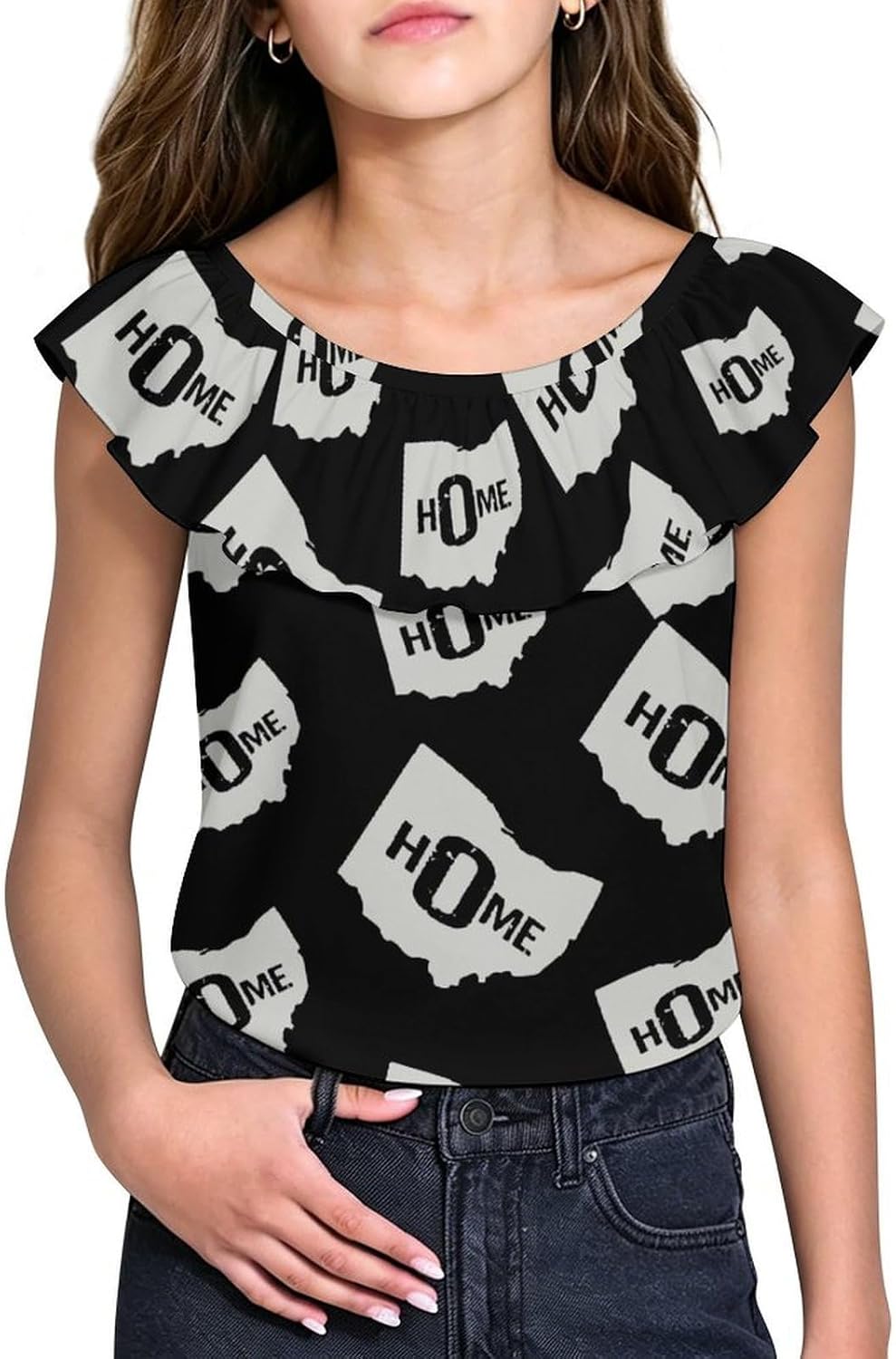 Ohio State Home Girls T-Shirts Top Ruffle Short Sleeve Blouse Casual Graphic Tees