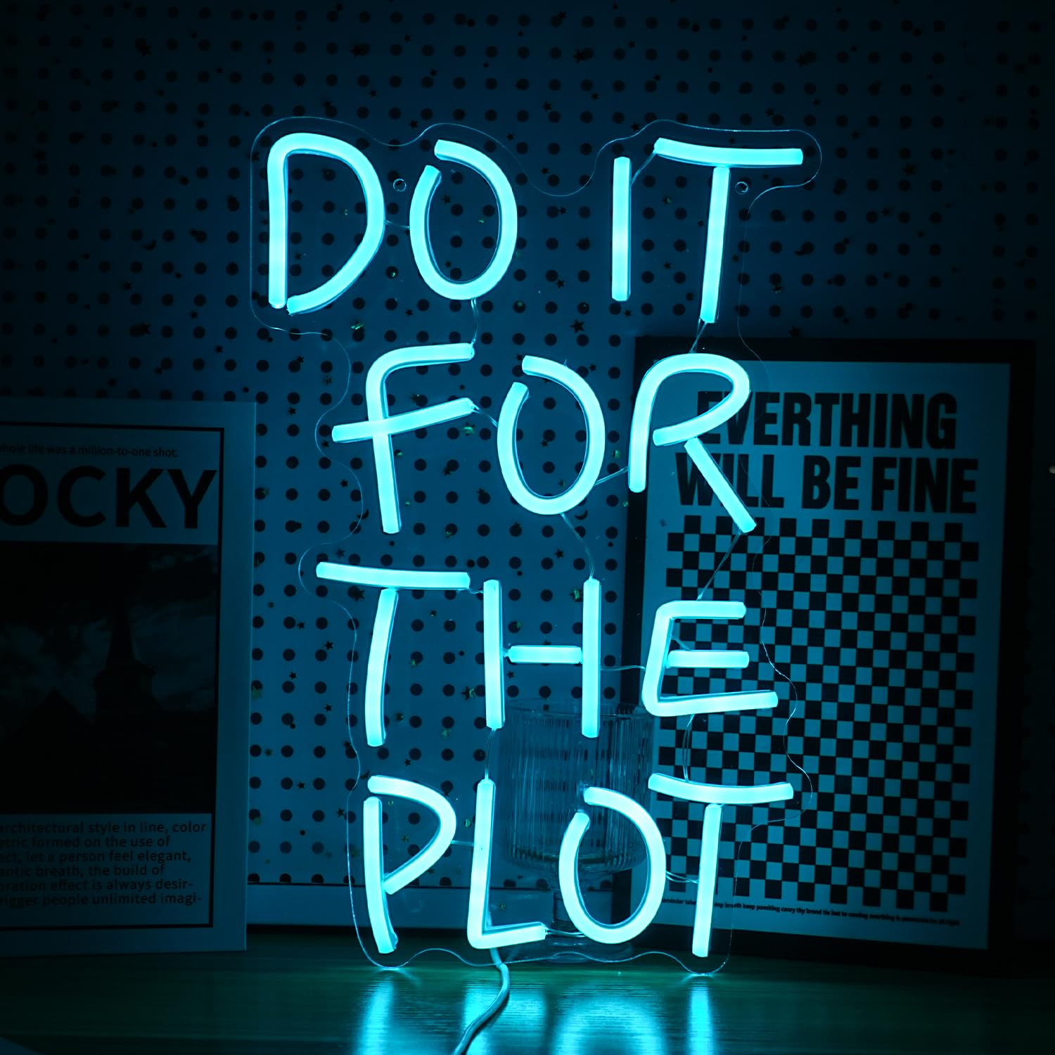Photo 1 of *See Clerk Notes* Do It For The Plot Neon Sign LED Ice Blue Letter Neon Lights for Wall Decor Dimmable USB Powered Neon Light Up Sign for Bedroom Office Party Wedding Bar Decoration Gifts for Friend (16.5”*12.6”)