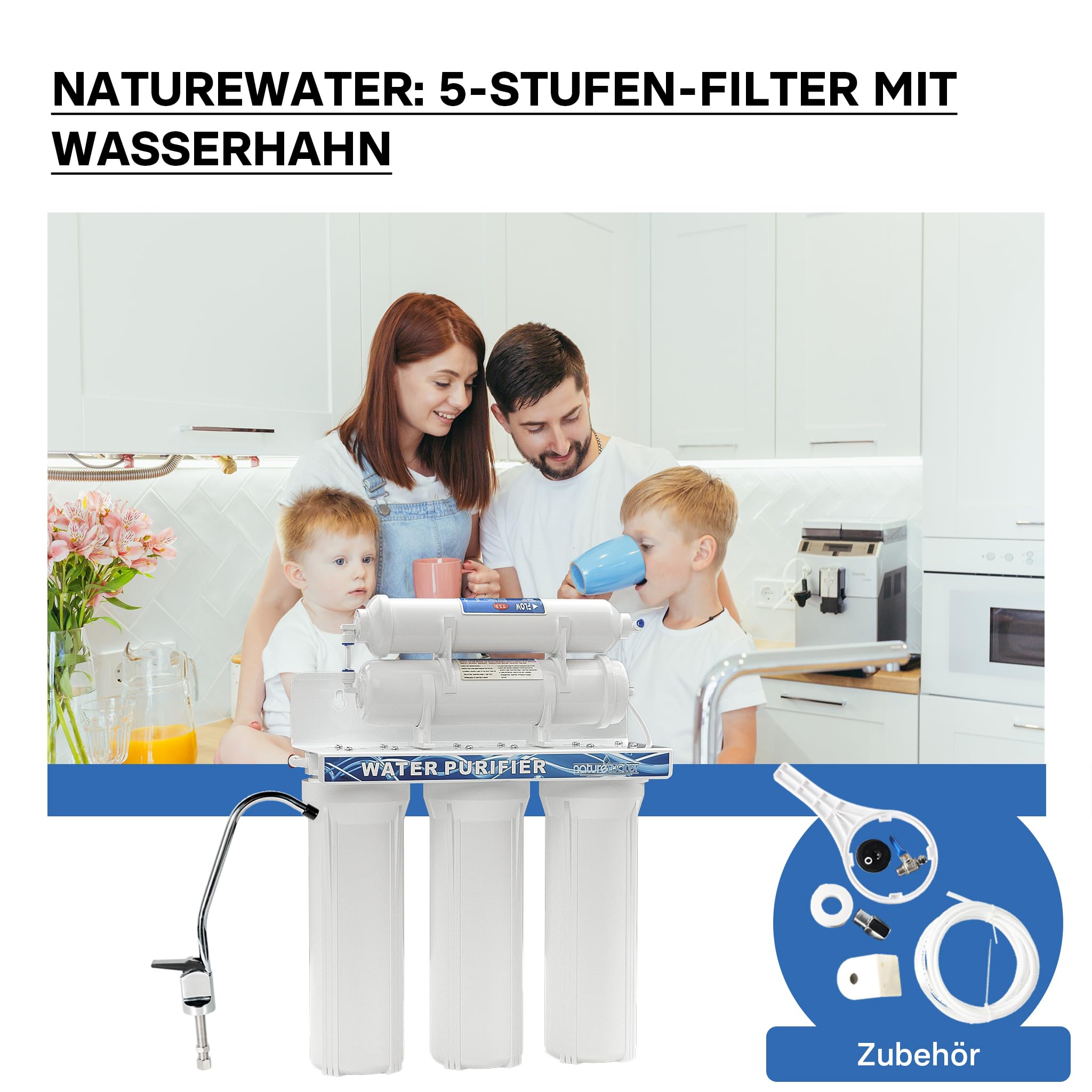 Naturewater NW-PR305 5 Stufen Wasserfilter, 5 µ, PP Kartusche, Untertischfilter Wandhalterung, Filterschlüssel, Sedimentfilter Aktivkohle, Wasserhahn, 2,5m Schlauch, Kurzdreiwegeventil, Kugelhahn