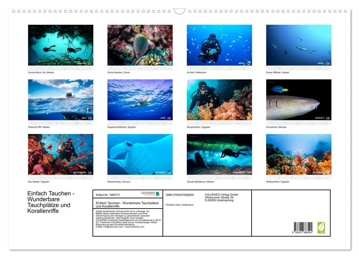 Einfach Tauchen - Wunderbare Tauchplätze und Korallenriffe (Wandkalender 2026 DIN A2 quer), CALVENDO Monatskalender: Farbenfrohe Unterwasserfotos der beliebtesten Reisezielen für Taucher.