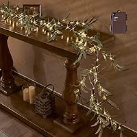 Hairui 6FT Lighted Artificial Olive Garland 96 Warm White LED Fairy Lights Battery Operated Timer for Christmas Spring Fireplace Decor