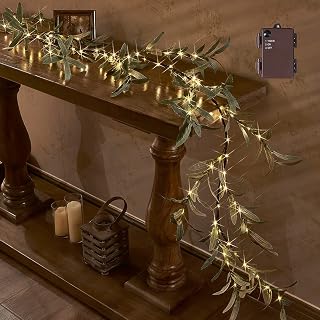 Hairui 6FT Lighted Artificial Olive Garland 96 Warm White LED Fairy Lights Battery Operated Timer for Christmas Spring Fireplace Decor