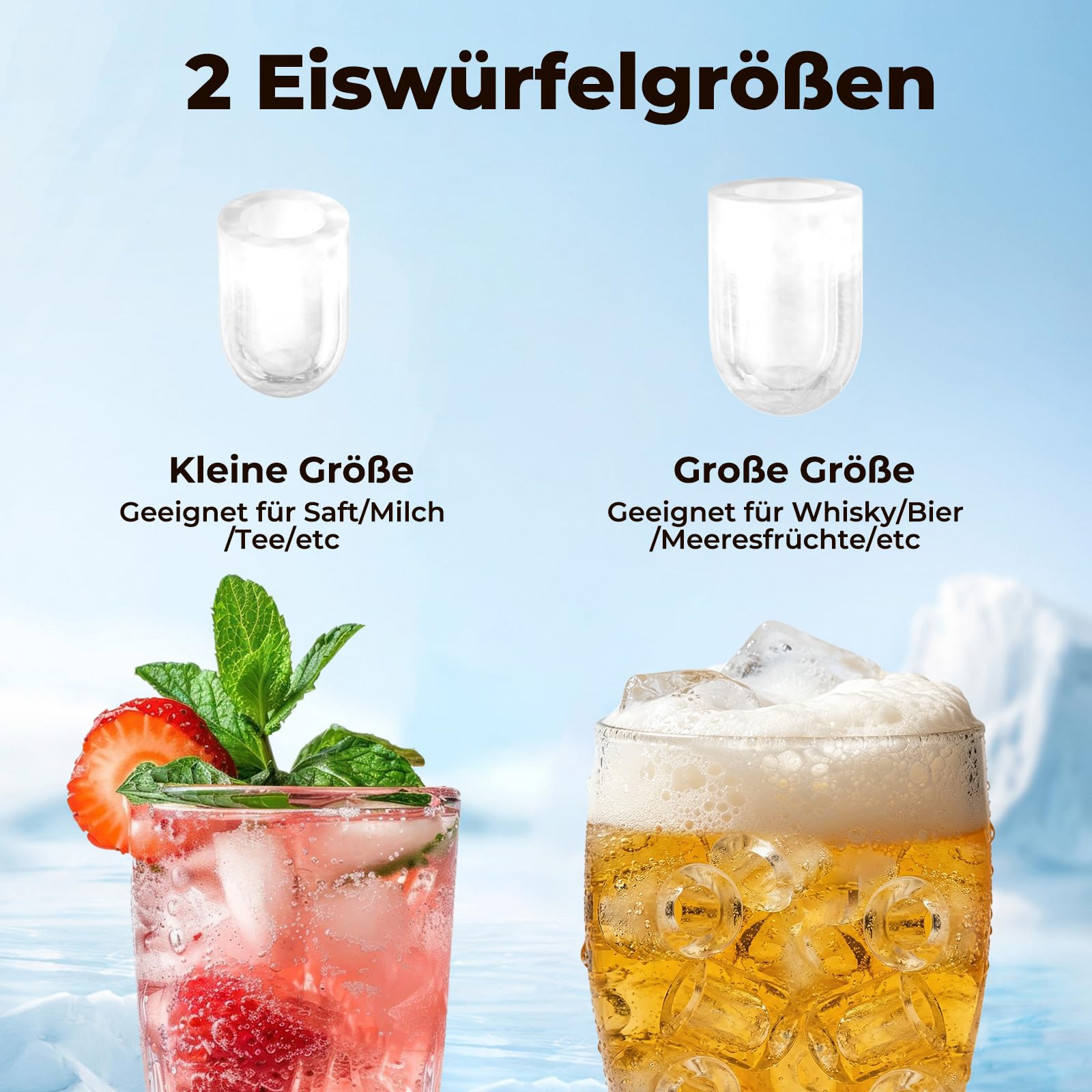 Eiswürfelmaschine 12KG/24H, Selbstreinigend Eiswürfelmaschine Klein, Ice Maker mit Griff-Eiswürfelkorb/Schaufel, 8 Eiswürfel in 6-8 Minuten, für Küche/Büro/Party/Büro RV, Schwarz