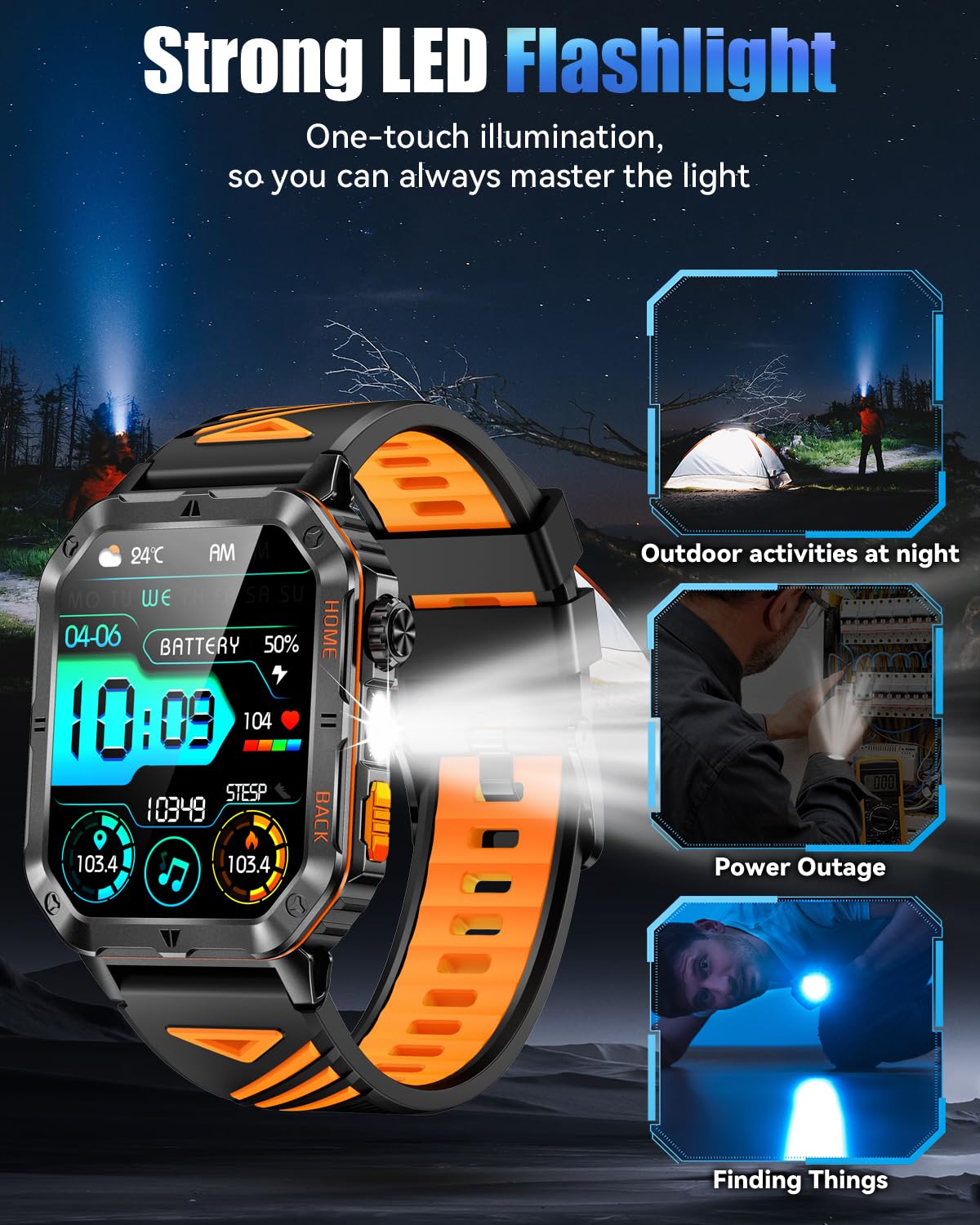 Military Smarty Watch for Men, 2.01" Smartwatch with 1200mAh Battery, Flashlight, Answer/Make Calls, Heart Rate/Sleep Monitor 100+ Sport Modes Fitness Tracker for Android/iPhone