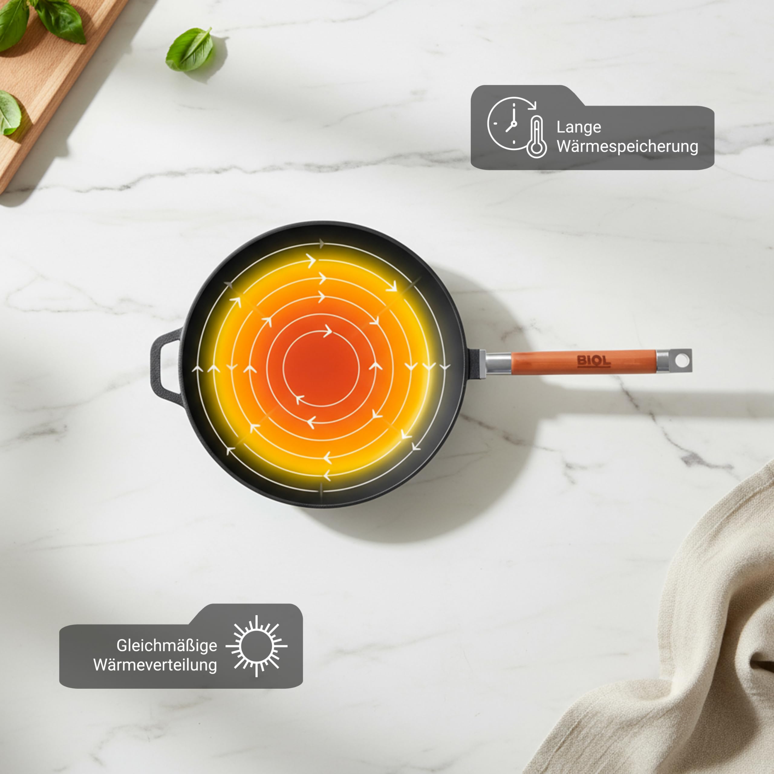 BIOL Sarten Hierro Fundido 28 cm - Sartén Antiadherente para Cocina Inducción, Mango de Madera Desmontable Ergonómico, sin Tapa, Apta para Gas, Vitrocerámica, Horno y Barbacoa, Cocina Saludable | Mango de madera desmontable, sin revestimiento, apto para h