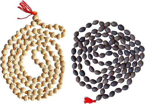 NAISHA Pack of 2 Tulsi & Kamal Gatta Holy Jaap Prayer Beads Necklace Hand Knotted Authentic Genuine Lotus Seeds For Puja Meditation Beads | Original Tulsi Holy Basil & Kamal Gatta Lotus Seed Japa Mala for Meditation, Yoga, Chanting & Daily Prayer Rituals Pack of 2