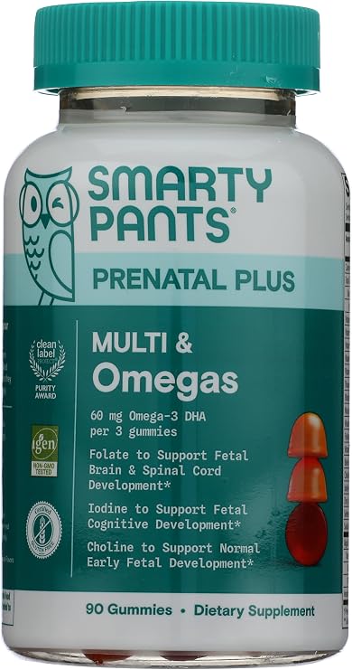 SmartyPants Prenatal Multivitamin Gummies with Omega 3 DHA/EPA, Methylfolate, Biotin, Vitamins D3, C, B12, B6, A, K, and Zinc, Gluten Free, Clean Label, Two Fruit Flavors, 90 Gummies (30 Day Supply)