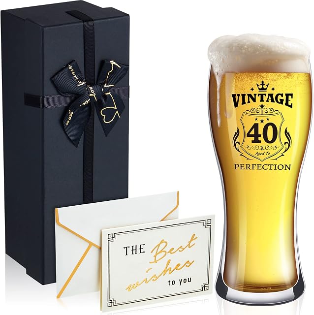 40th Birthday Gifts for Men 15 oz Birthday Beer Glass Gifts Vintage 40 Aged to Perfection Beer Gifts for Men 40th Birthday Glasses Best Wishes Greeting Card with Envelopes and Gift Box for Dad Uncle