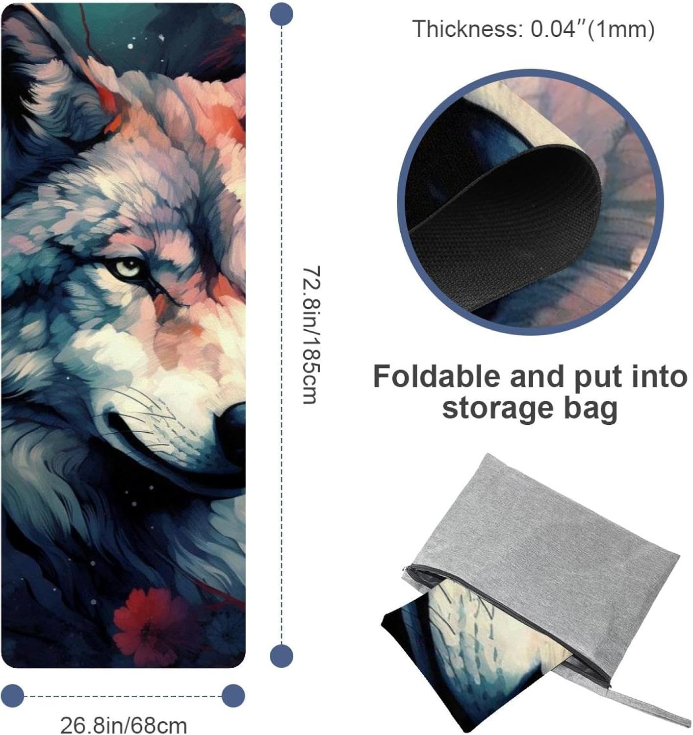 Yoga Towel, Wolf Animal Print Non Slip Sweat Absorbent Hot Yoga Mat Towel for Hot Yoga, Pilates and Fitness - 72.8" x 26.8"