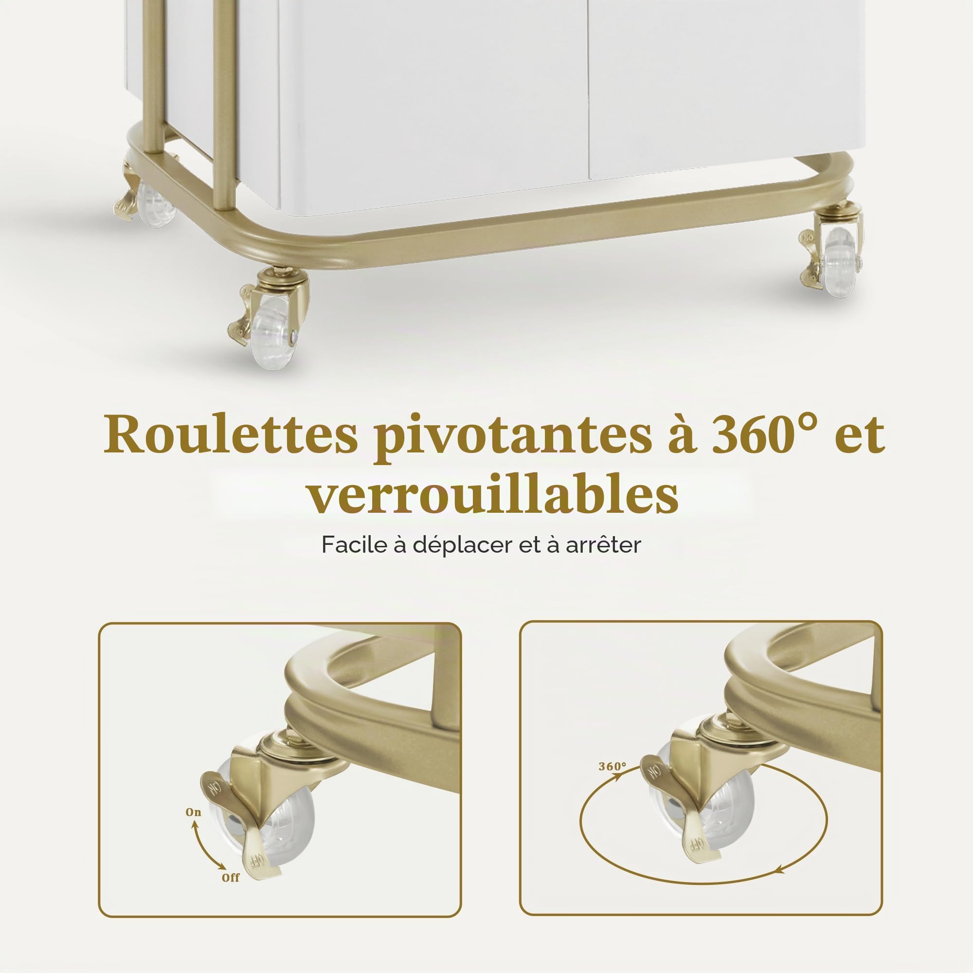 MCombo Chariot de Service avec roulettes & tiroir, Chariot de Coiffure Blanc-doré, 36x50x87cm