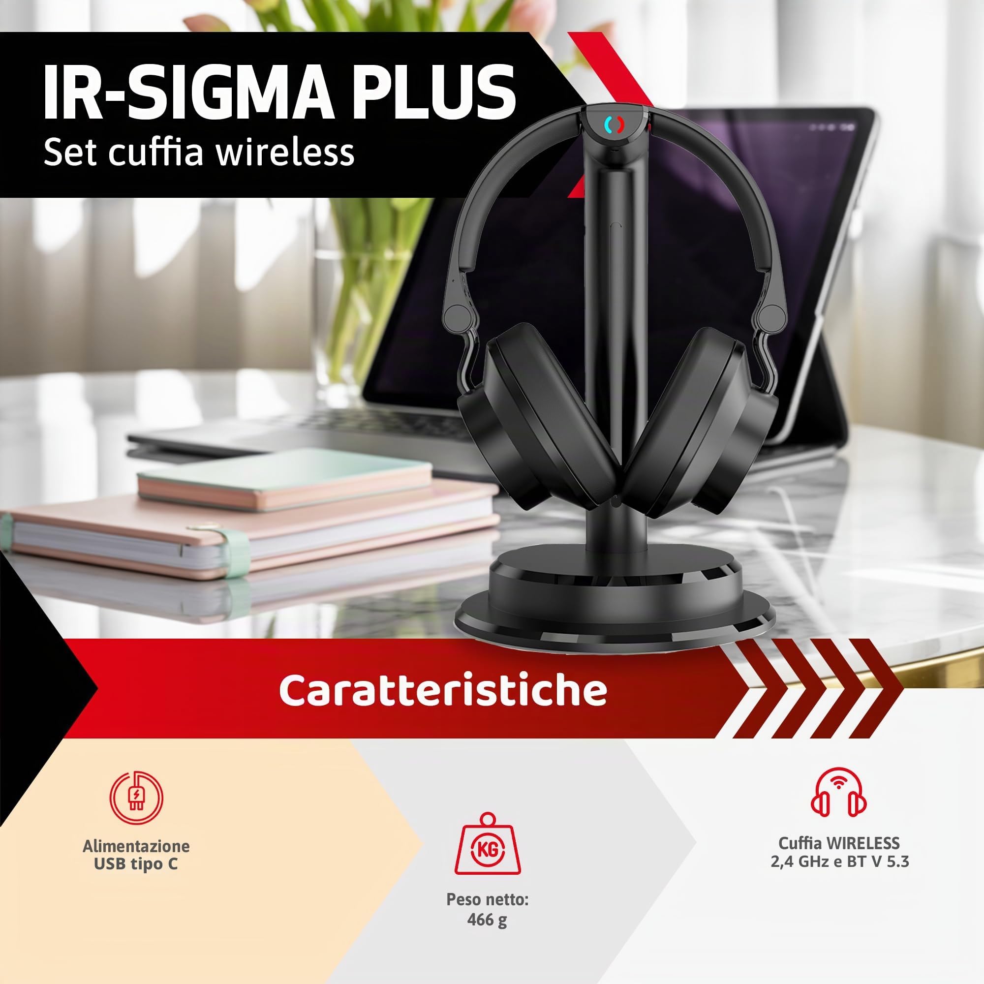 IRRADIO IR-SIGMA PLUS, Set cuffia Wireless BT per TV, Musica e Gaming. Audio Immersivo, Equalizzazione Selettiva, Modalità BT o Cablata, Ascolto Condiviso, Distanza di Trasmissione fino a 30m