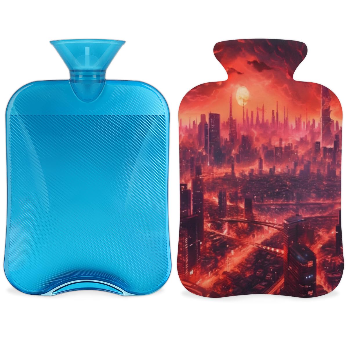 Hot Water Bottle with Soft Cover,2L Modern City Hot Water Bag for Hot and Cold Compress, Hand Feet Warmer, Sunset City Rubber Hot or Cold Water Bottle Halloween Christmas Decorations