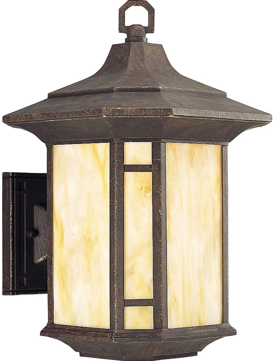 Progress Lighting Arts and Crafts Collection 1-Light Honey Art Glass Craftsman Outdoor Large Wall Lantern Light Weathered Bronze