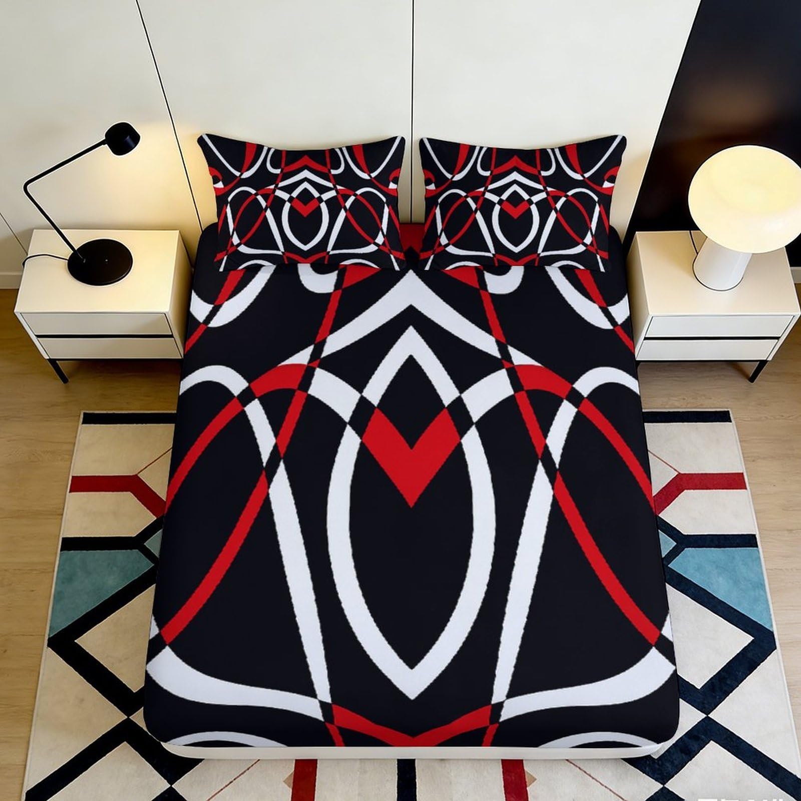 Modern geometric Fitted Sheet black red white pattern 3D Printed Microfiber soft touch wrinkle resistant bed cover home decor apartment bedding 114 90x200x25cm