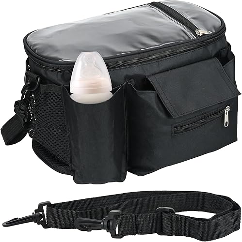 Organizador universal grande para cochecito, bolsa con soporte para tazas, correa de hombro desmontable y bolsa para teléfono, equipo de viaje