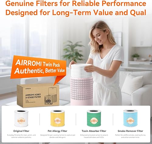 Miniatura 9 de Purificador de aire AIRROMI para dormitorio con filtro HEPA 3-en-1, purificador de aire para mascotas para el hogar con olor a orina de gato, cubre