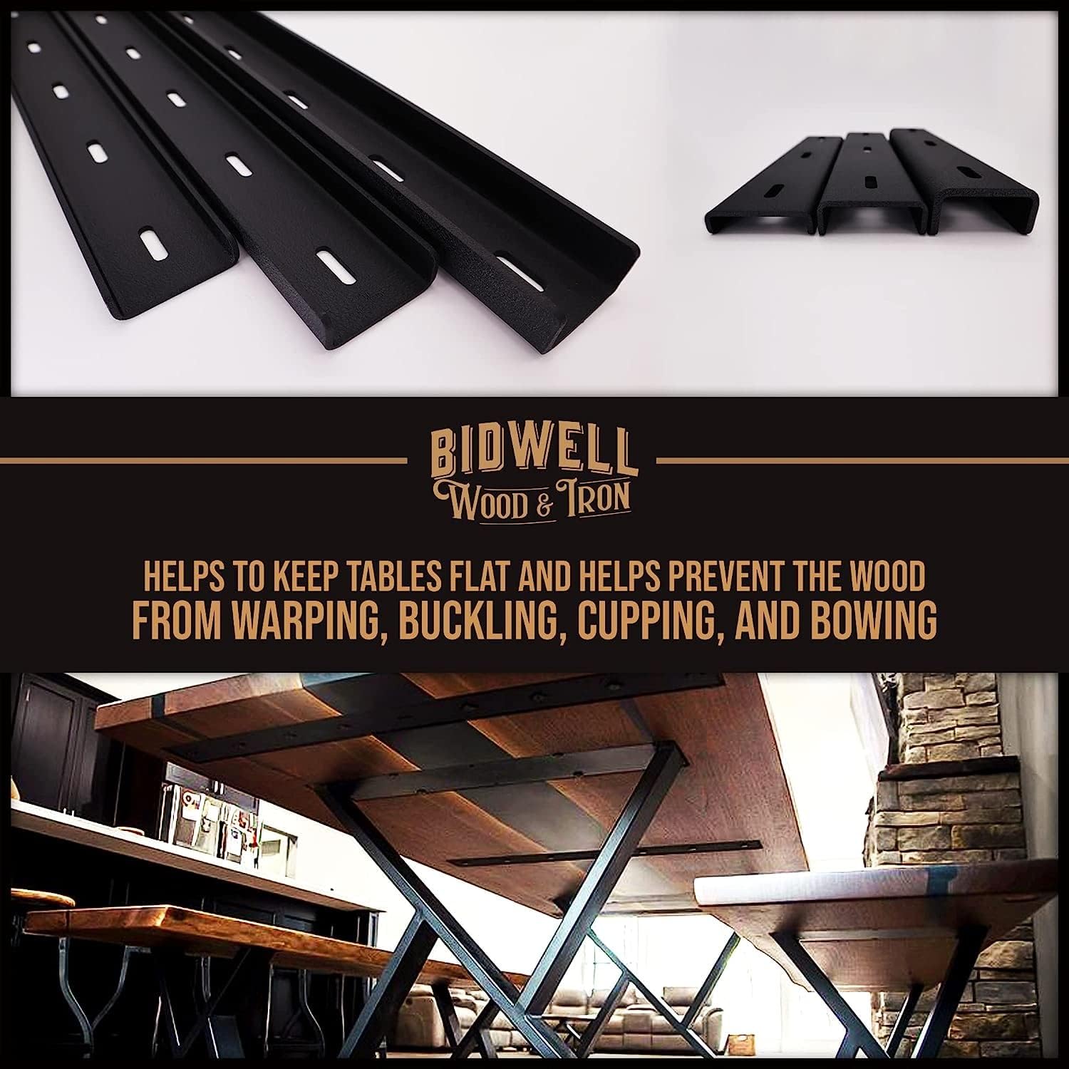 Bidwell Wood & Iron C-Channel Table Brace 2.0 – 14” Hidden Steel Support for Live Edge or Glue-Up Wood Tops – Heavy-Duty 3/4” Steel Tabletop Stabilizer – Single Piece