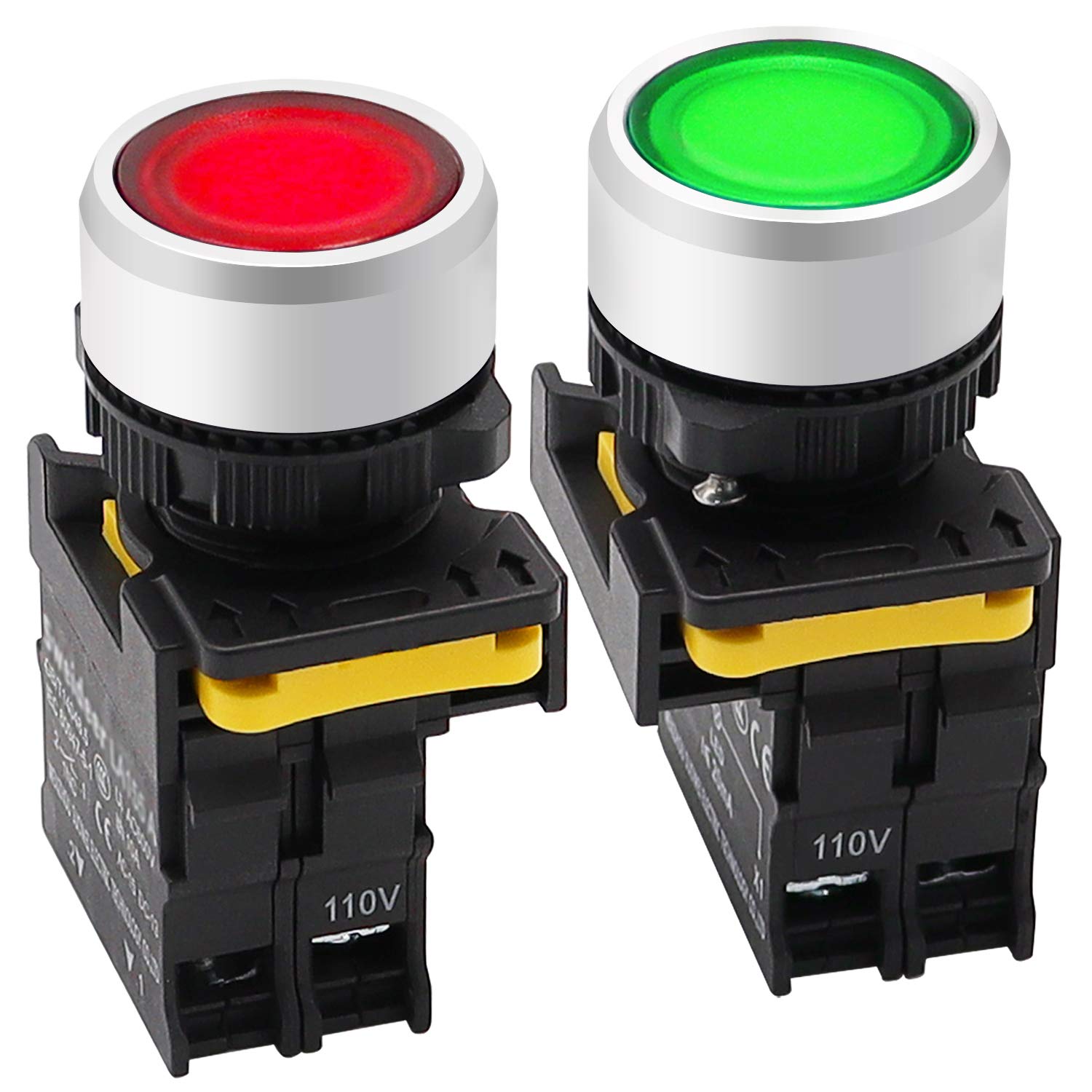 mxuteuk 2Pcs Red Green LED Light Voltage 110V 22mm 1NO 1NC Waterproof