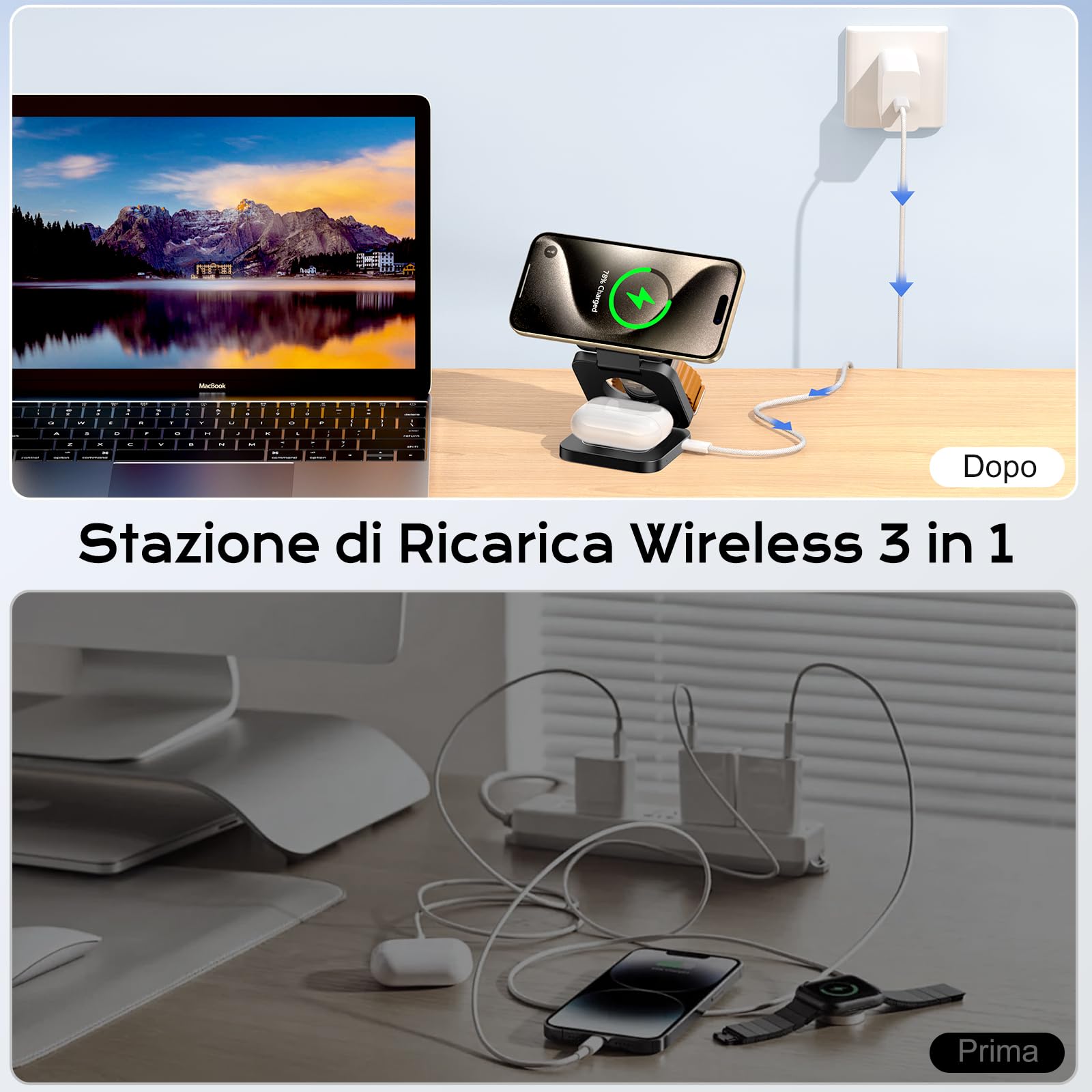 KU XIU Stazione Ricarica per Apple, 3 in 1 caricatore wireless per iphone, supporto magnetico pieghevole per iPhone 17/16/15/14/13/12, caricabatterie rapido da 5 W per Apple Watch, per Airpods
