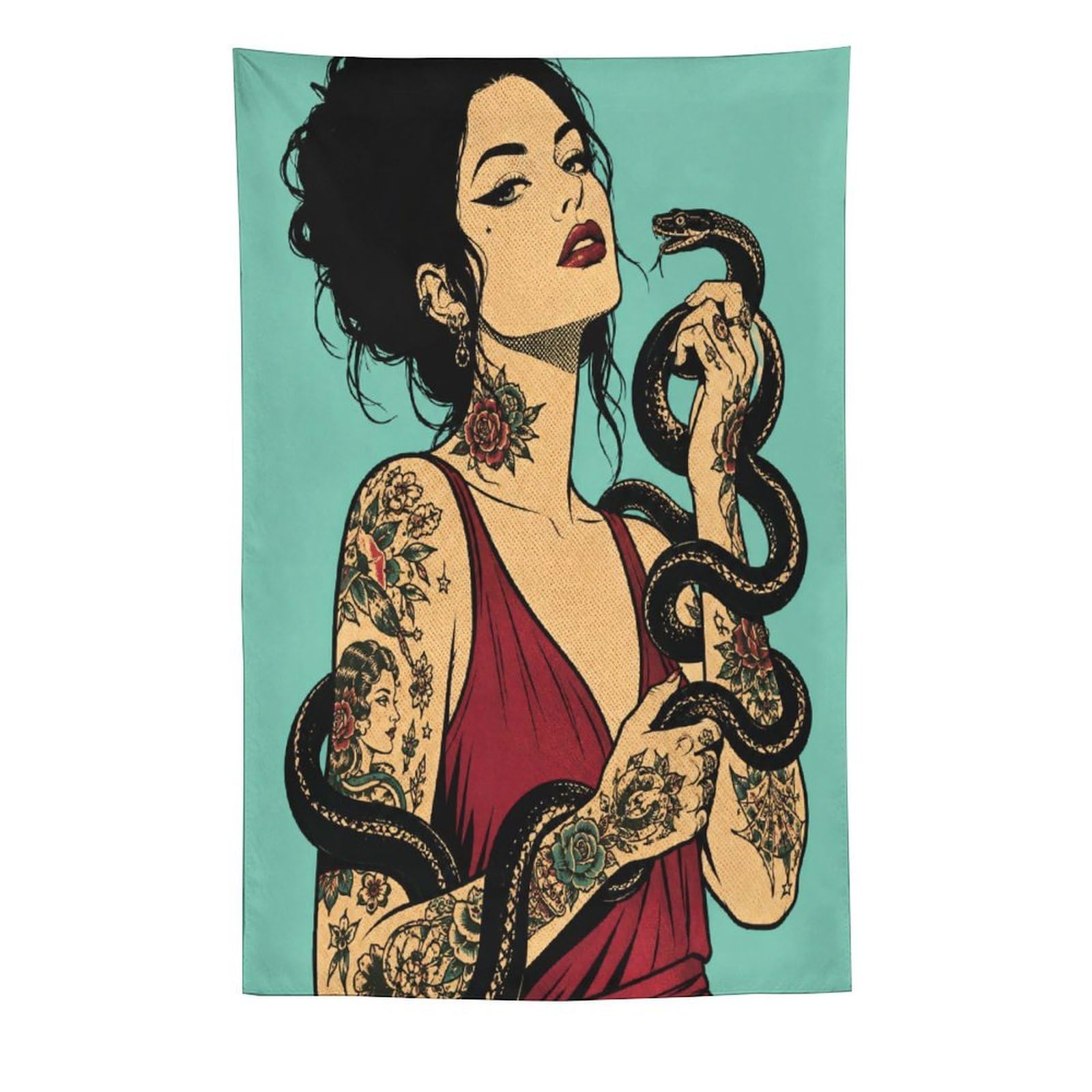 H3B8U2Y5 Tattooed Woman with Snake Wall Tapestry, Pop Art Style, Office