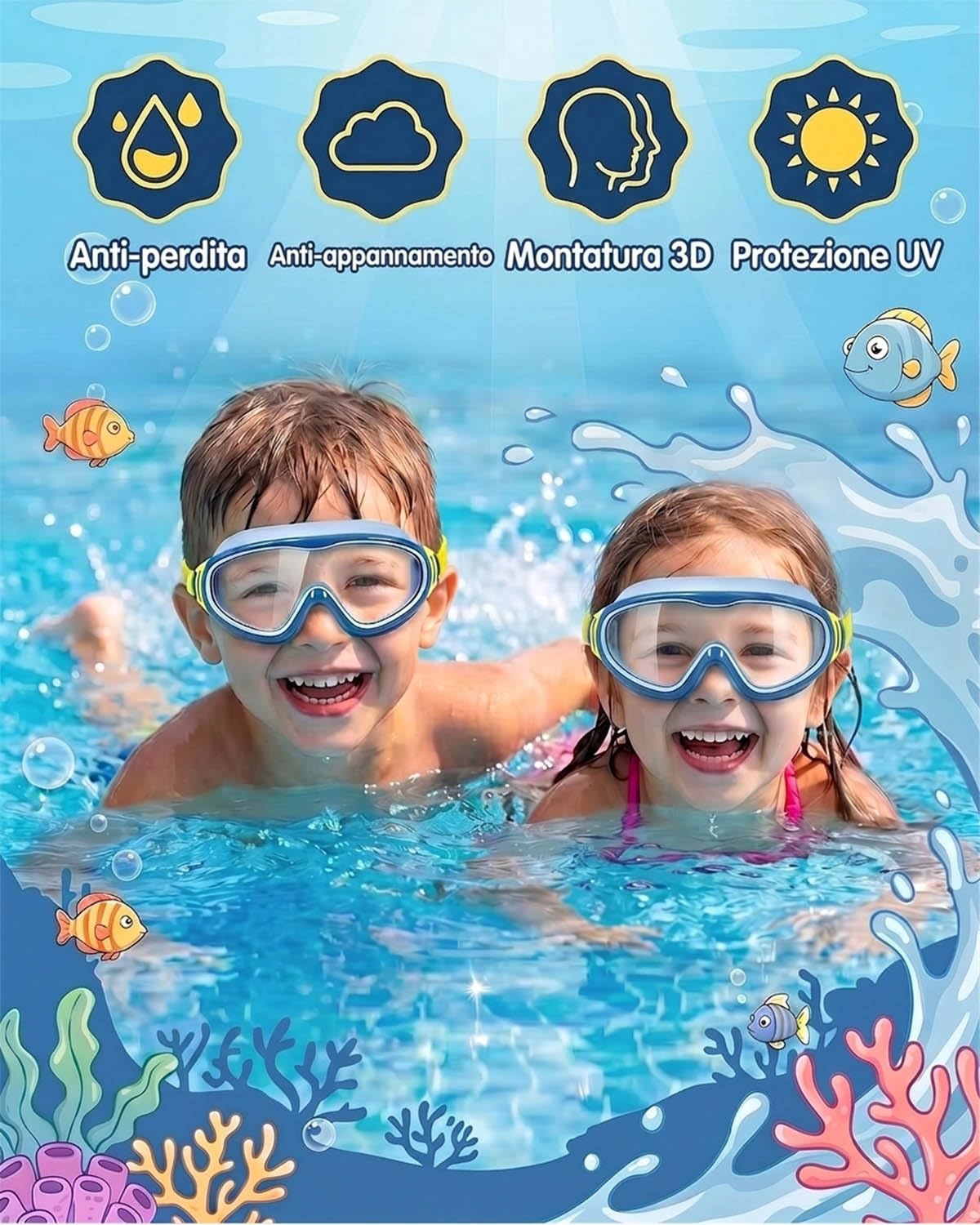 Occhialini Nuoto Bambini, Lenti Grandi, Anti-UV, Antiappannamento, Impermeabili, Vestibilità Comoda, Cinturino Regolabile, Visione Panoramica, Ideale come Regalo per 3-15 Anni