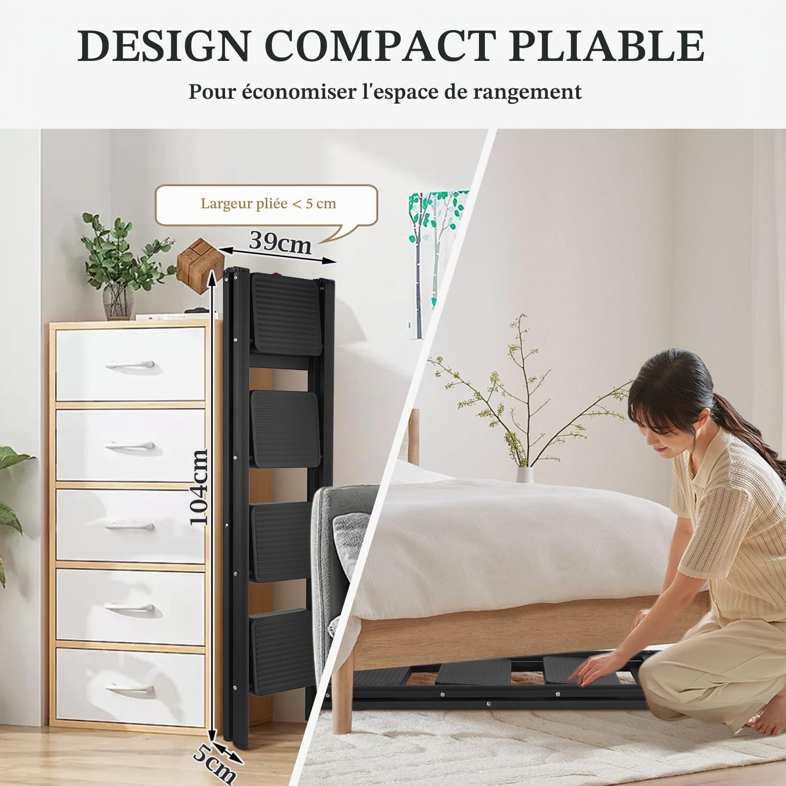 Escabeau 4 Marches Pliable, Marche Pied Pliant avec Pédales Antidérapantes, Échelle pour Maison Cuisine Bureau, Gain de Place, Charge Maximale 150 kg, pour la Maison, Cuisine, Placard et Bureau.
