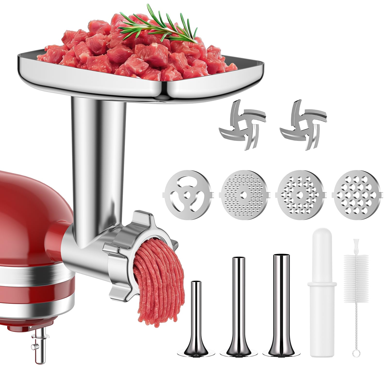 Meat Grinder Attachment for KitchenAid Stand Mixer, Metal Food Grinder for Kitchen Aid Includes 4 Grinding Plates, 3 Sausage Stuffer Tubes and 2 Cutting Blades
