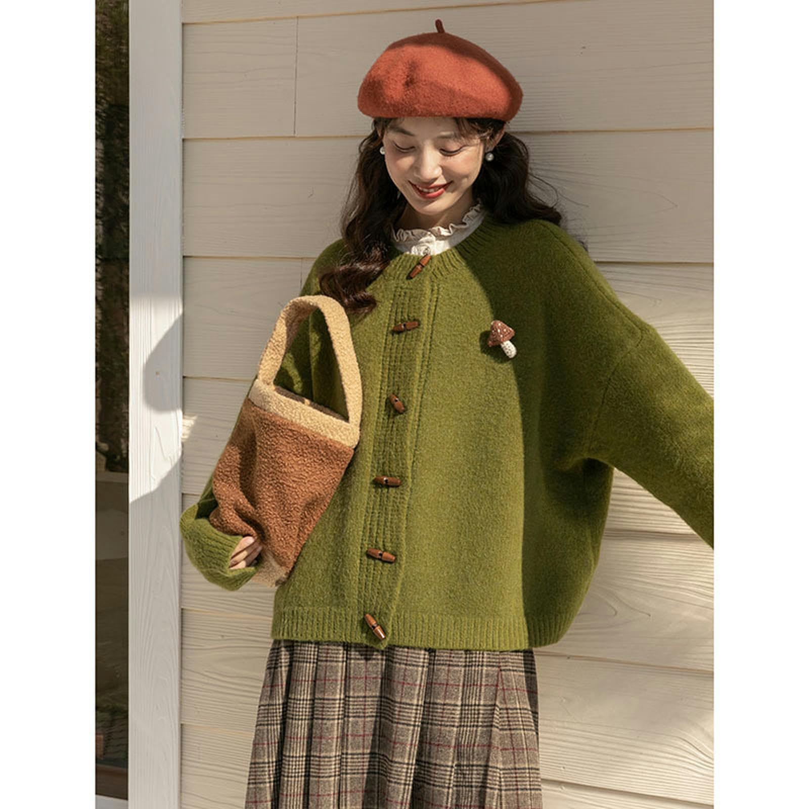 Maglione da Donna Atmosfera Autunno E Inverno Atmosfera Retro Verde Pigro Maglione per Donne-Maglione Verde (Spilla Esclusa)-S 70-90 Sterline