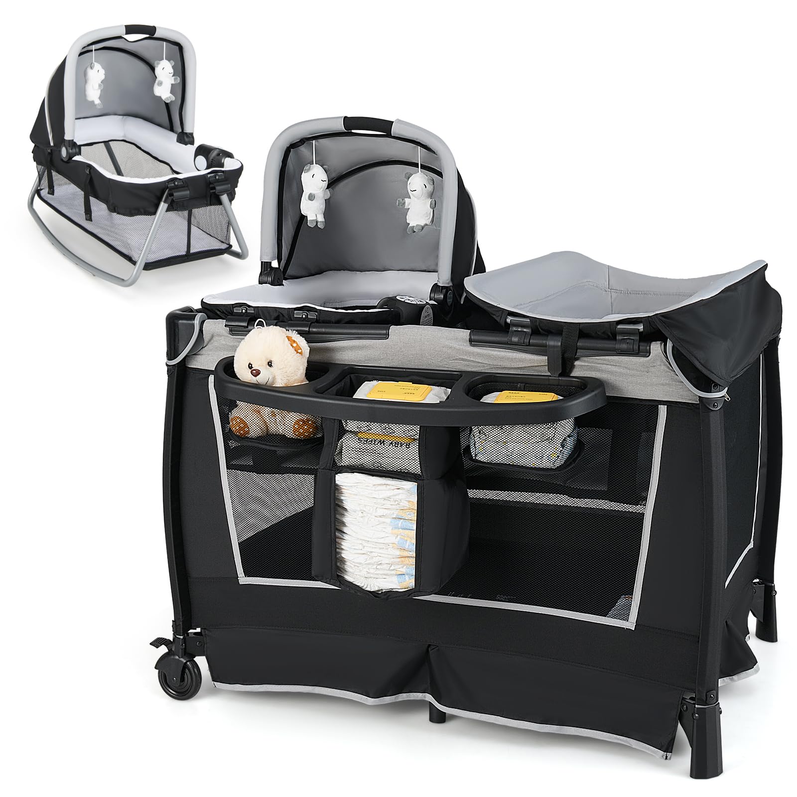 Amazon.com : HONEY JOY Pack and Play, 5 in 1 Portable Infant Playpen with  Bassinet & Changing Table, Storage Bag, Music Box, Toys, Carry Bag, Baby  Playard Pack n Play Crib for