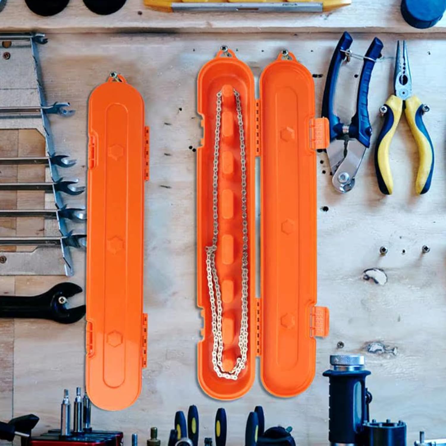 Srliya Kettensägenkettenlagerbox mit Großer Kapazität Kunststoff Organizer Elektrische Sägekette Tragetasche (Orange)