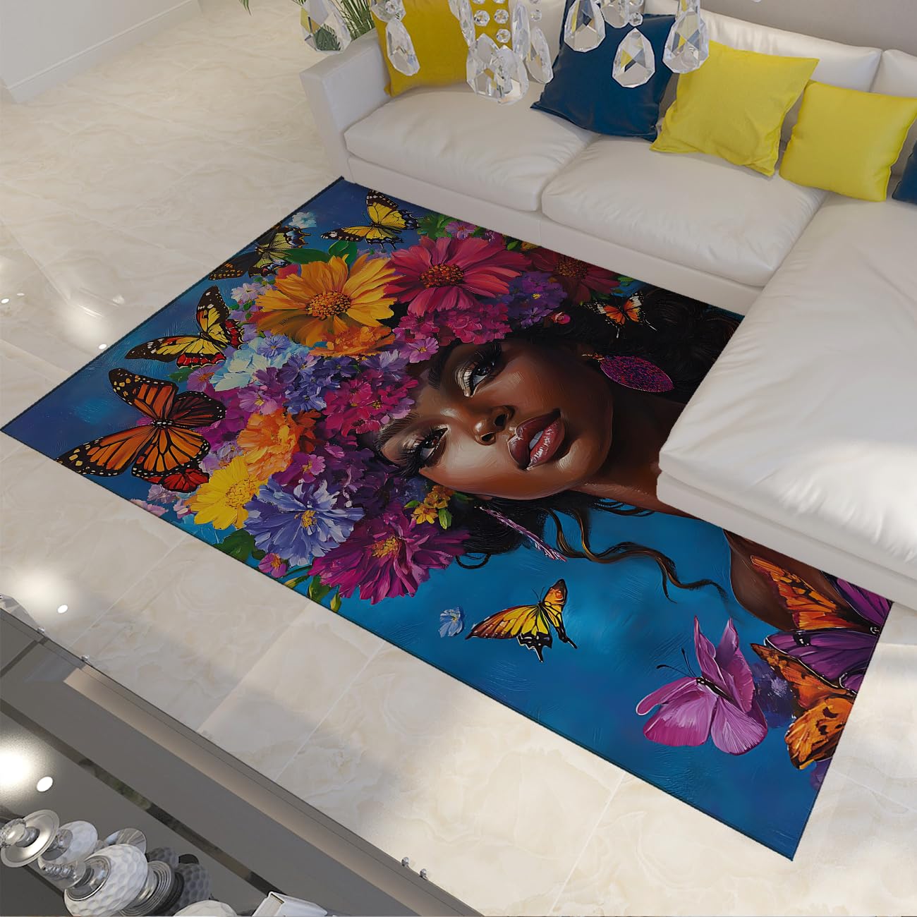 Afroamerykanie czarne dywany do sypialni kwiatowy motyl zmywalny niebieski dywan antypoślizgowy dywan podłogi niski stos dywan wystrój domu 120x170cm