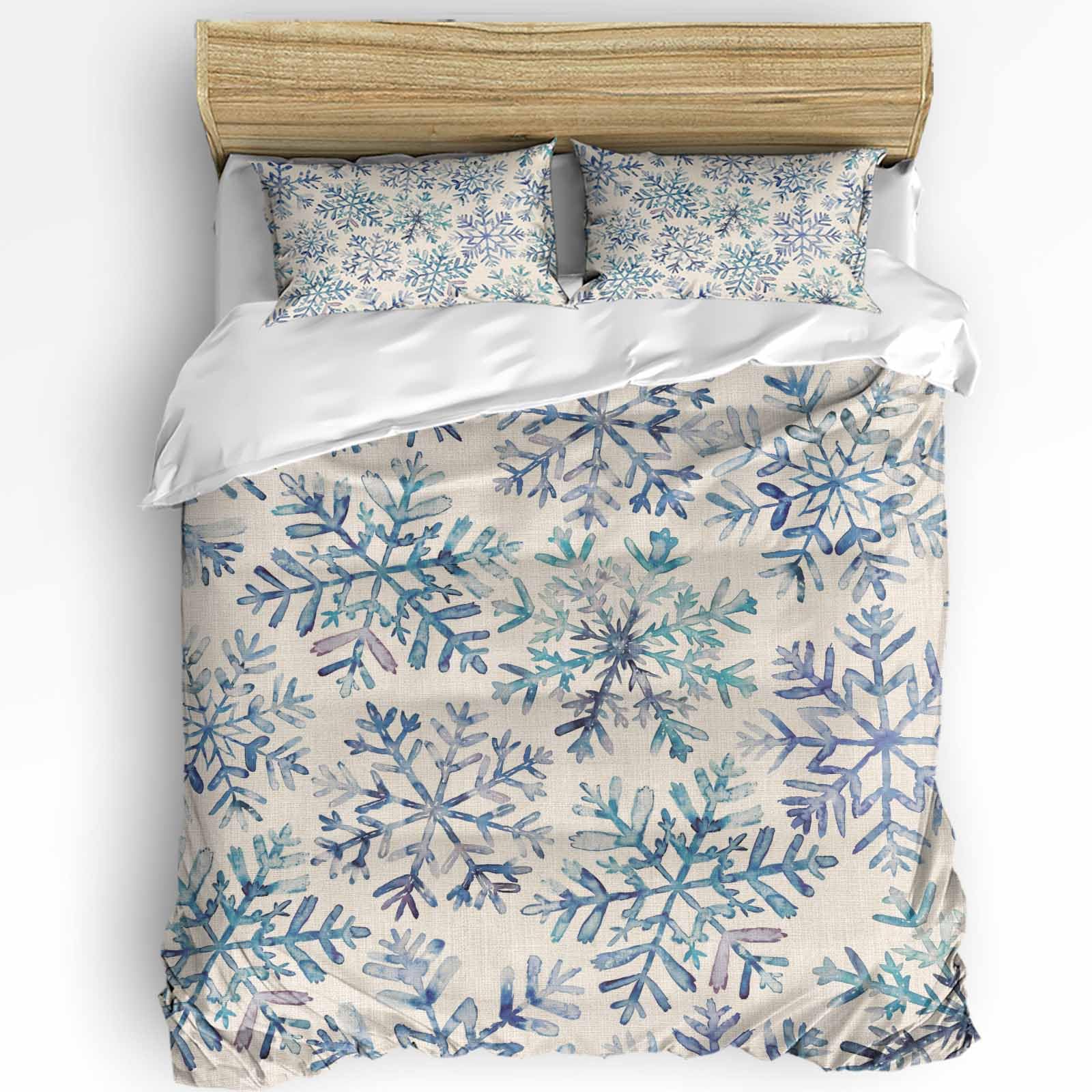 Blue Green Christmas Snowflakes Duvet Cover Twin Size Bedding Set, 3 Pieces Washed Patterned Textured Bed Comforter/Quilt Cover with Matching Retro