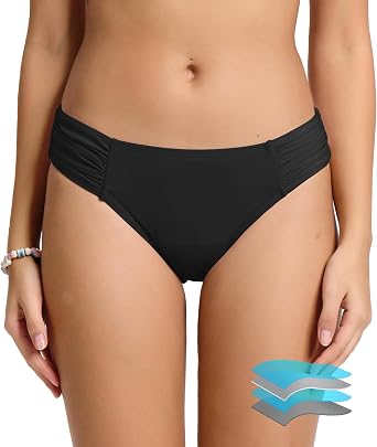 Period Swimwear Low Rise Swim Bottom Ruched-Side Menstrual Bikini Bottom | Full Coverage, Low Waisted Bathing Suit Bottom, Pairs Easily With Any Top, Pool Days Beaches, Teen Women