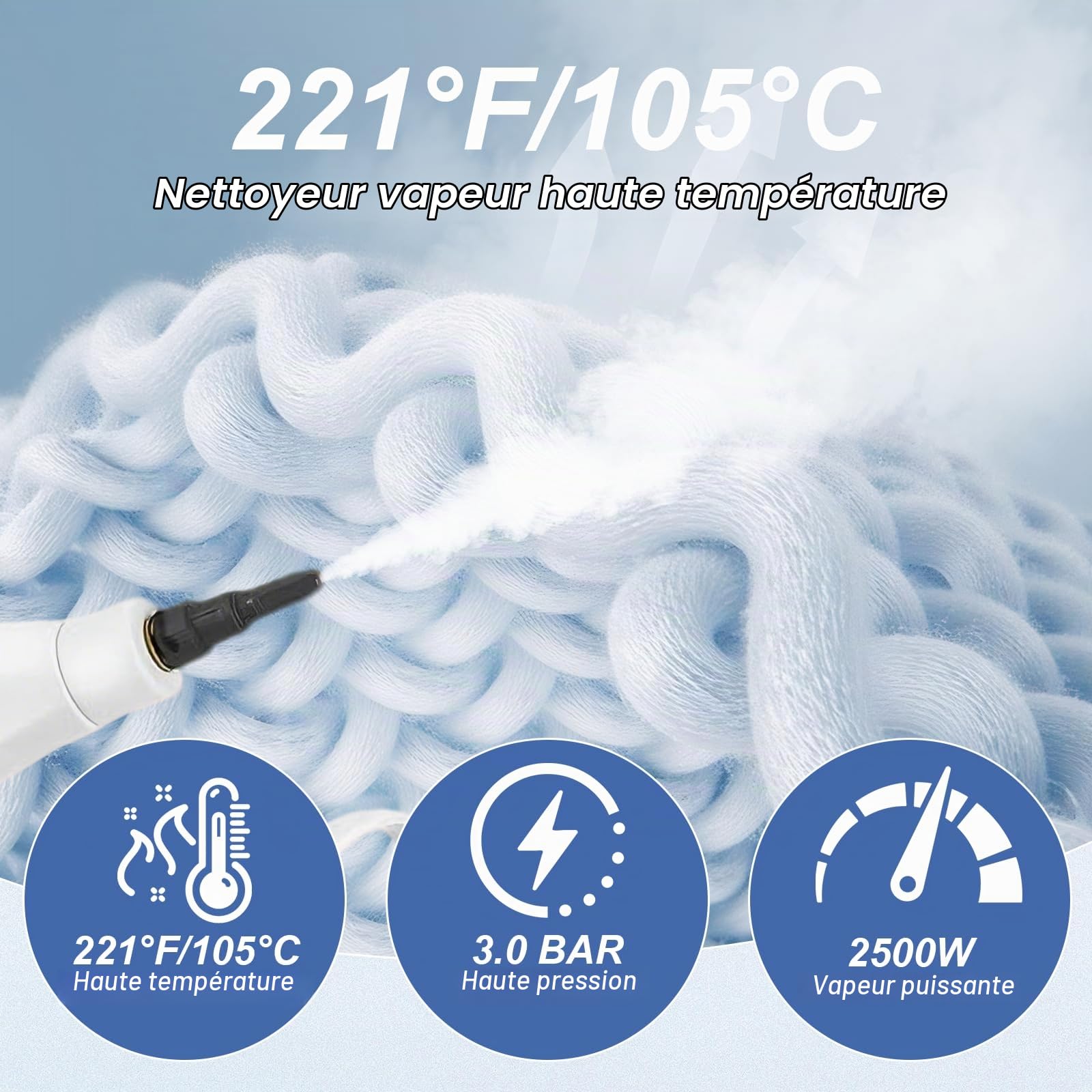 Nettoyeur Vapeur 2500W, 3.0BAR Multi-usage Nettoyant Vapeur avec 3 Têtes de Brosse, 1000ML Réservoir d'eau de Grande Capacité, Steam Cleaner pour les Meubles de Cuisine, Salle de Bain