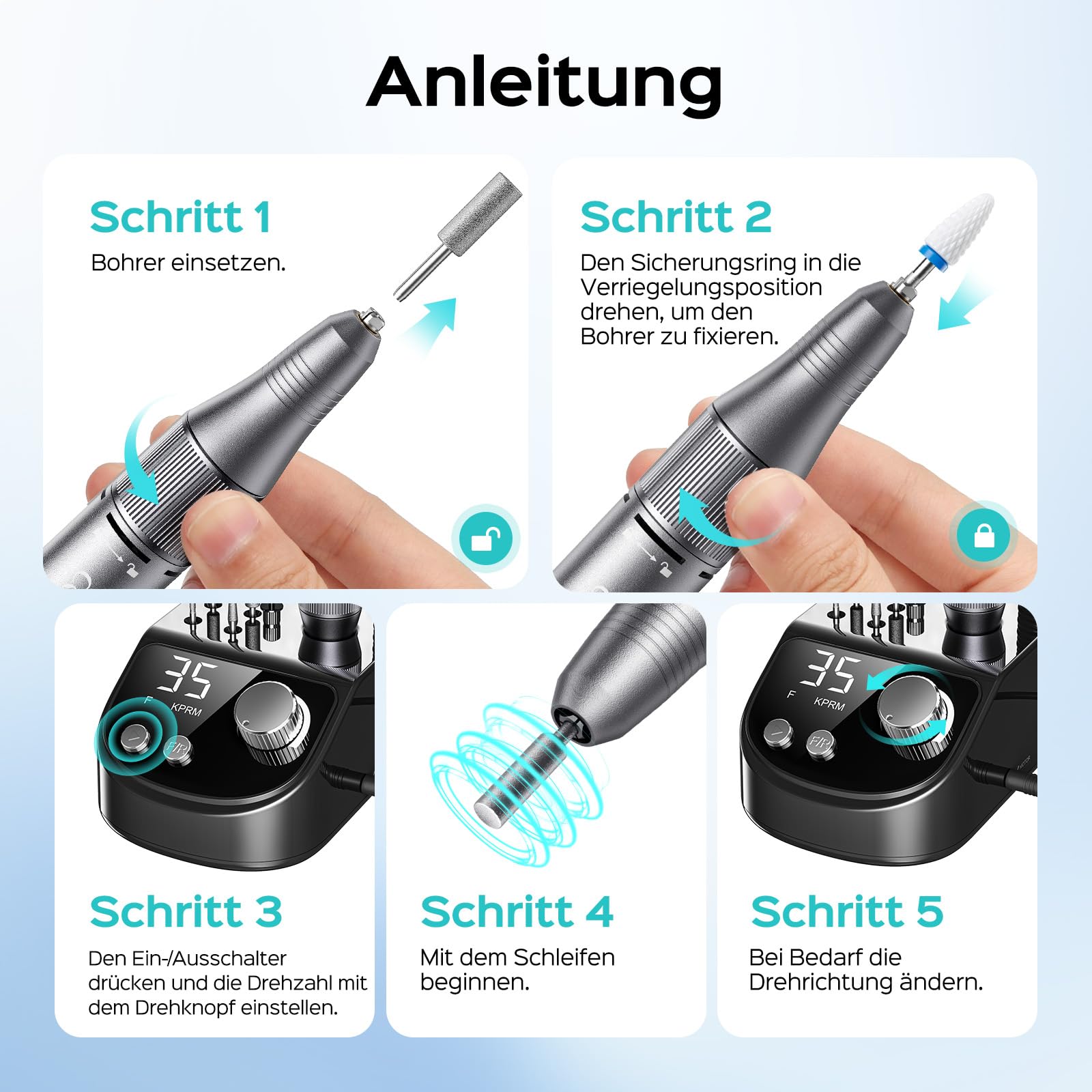 COSLUS E50 Nagelfräser Professionell Set 35000 U/min: Nagelfräser für Gelnägel Elektrische Nagelfeile Maniküre Pediküre Set mit LCD-Anzeige，6 Bits & 31 Schleifbändern für Salon und Zuhause