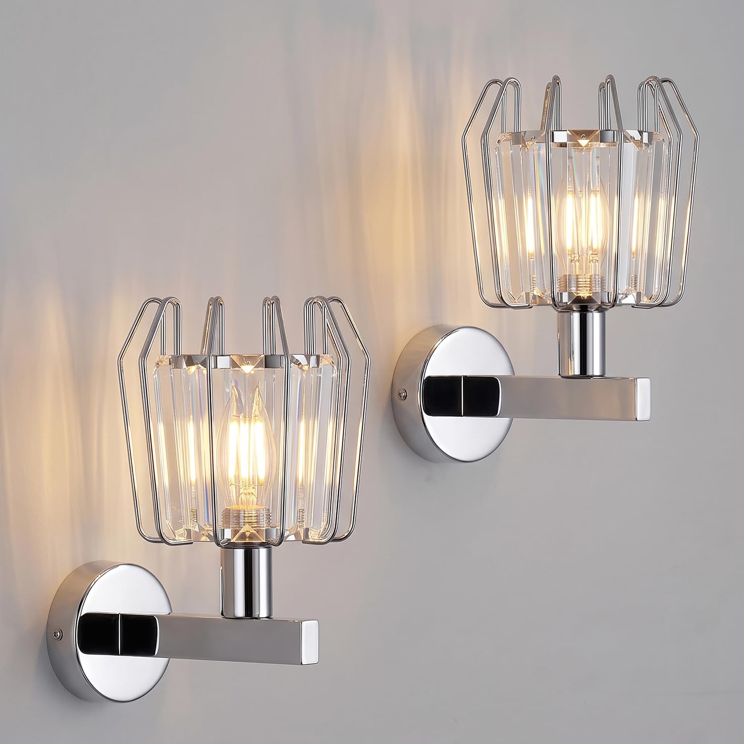 LVWIT Applique da Parete Interno, Applique Camera da Letto E14, Plafoniere da Parete in Cristallo Argento, 2 Unità (Lampadine Escluse)