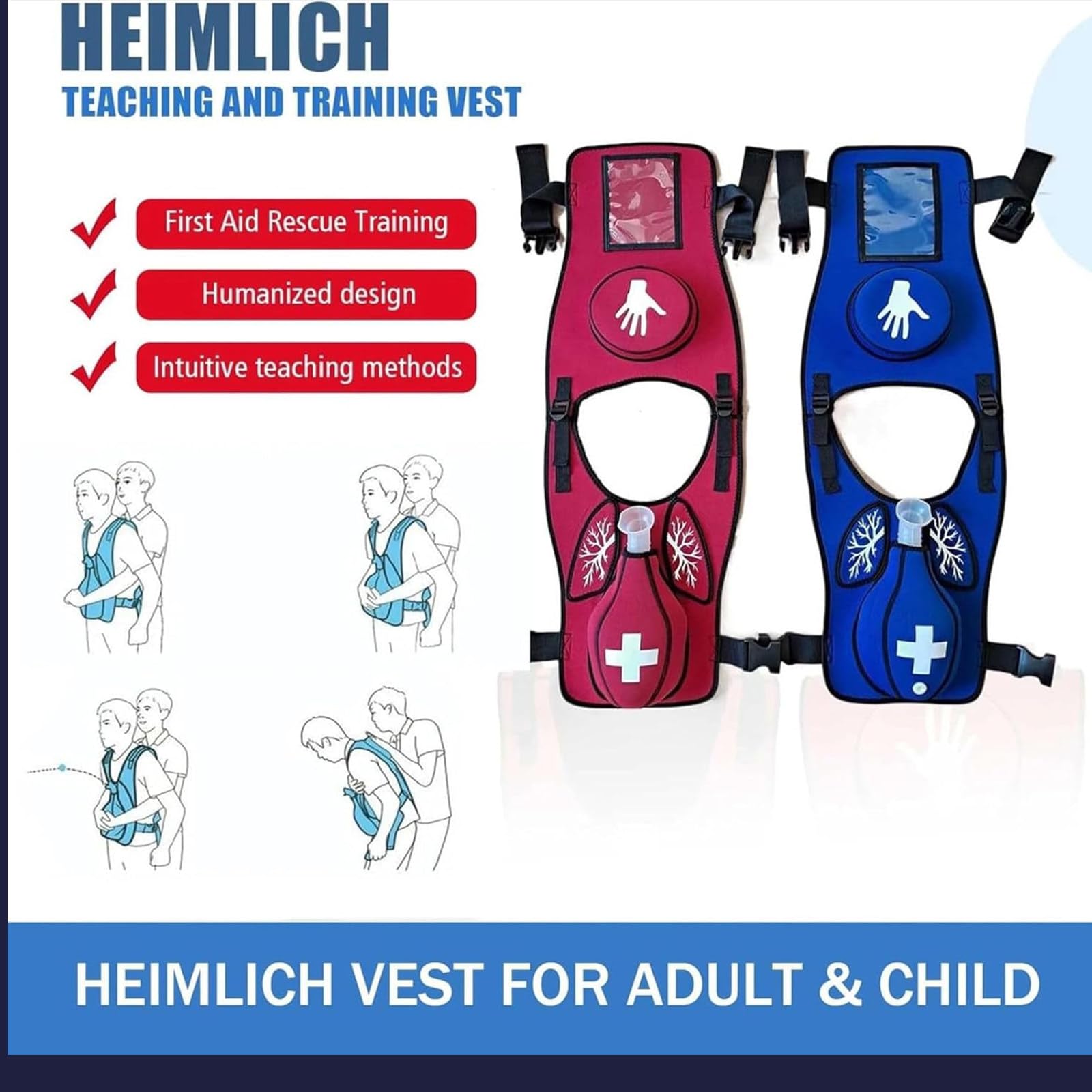Trainingsweste zur Lernhilfe des Heimlich-Griffs, Atemwegsobstruktionssimulator mit Rückstoßfunktion, geeignet für medizinische Fakultäten und Erste-Hilfe-Kurse,Red-Adults