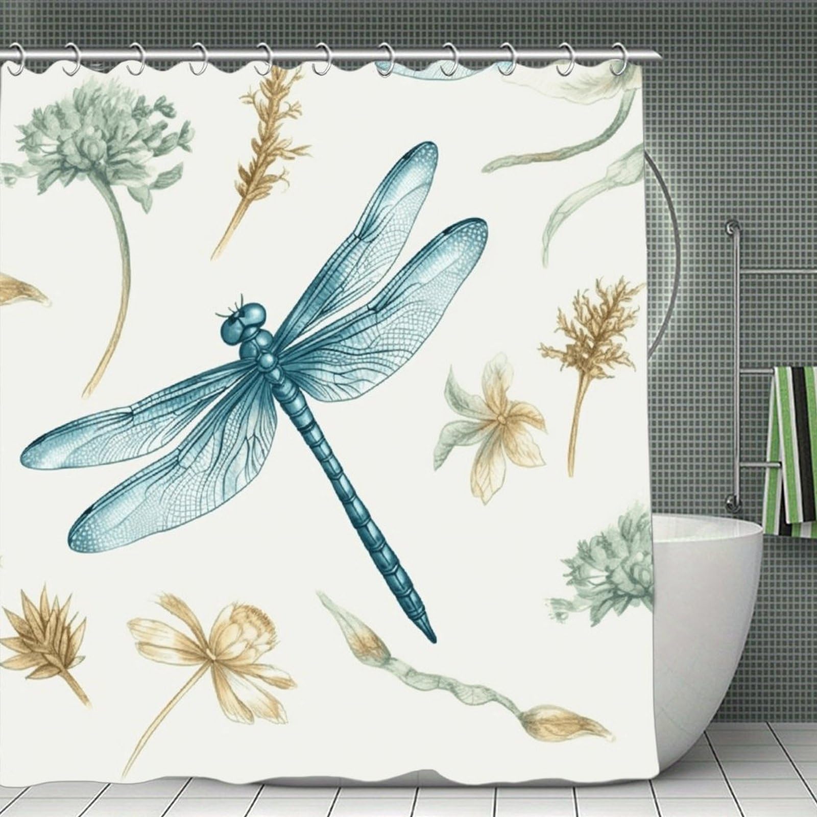 VstaDank Dragonfly Shower Curtain Waterproof Bathroom Shower Curtain with C Type Hooks Soft Lightweight Shower Curtains Liner Washable Polyester Cloth Shower Liner 71x71 Inch