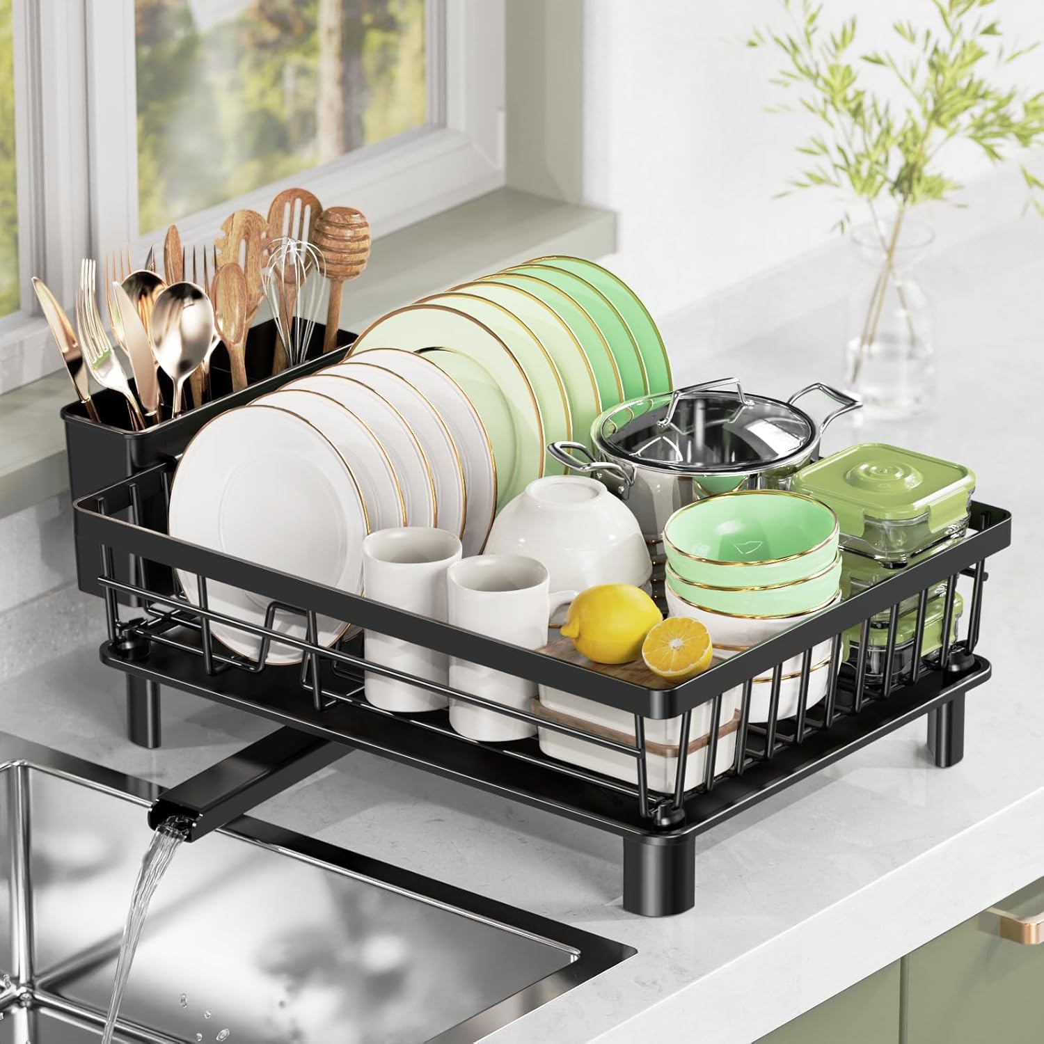 Dish Drying Rack, Stainless Steel Drainer Rack with Drainboard with Smart Drainage System, Space Saving Dish Strainer for Kitchen Counter with Cutlery Holder, Black Black 12.5“W x 17"L