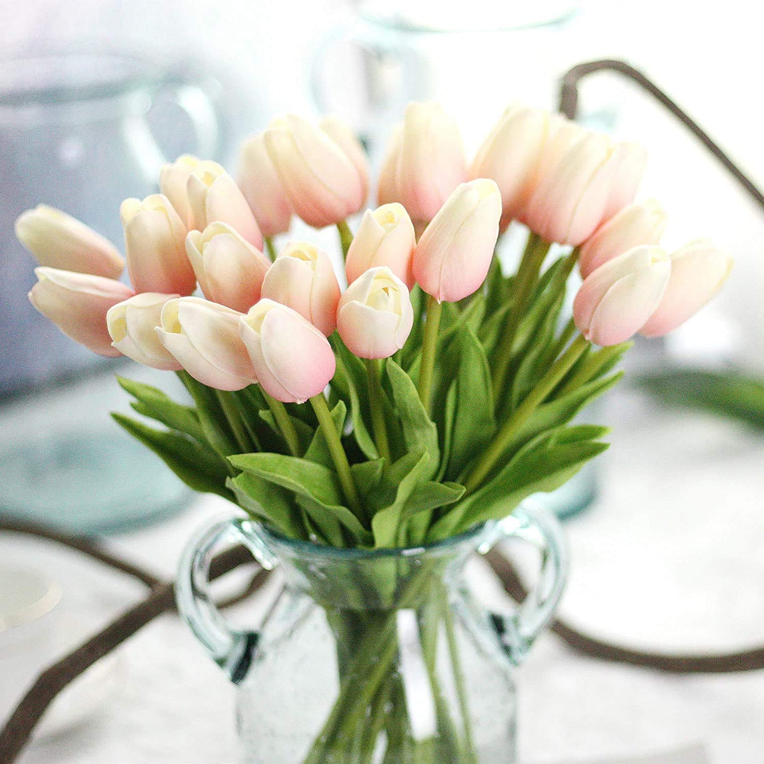 20 Tulipani Artificiali Realistici 32 Cm | Fiori Finti In PU Per Matrimonio, Casa, Festa | Bianco E Rosa | Con Stelo Pieghevole - 2
